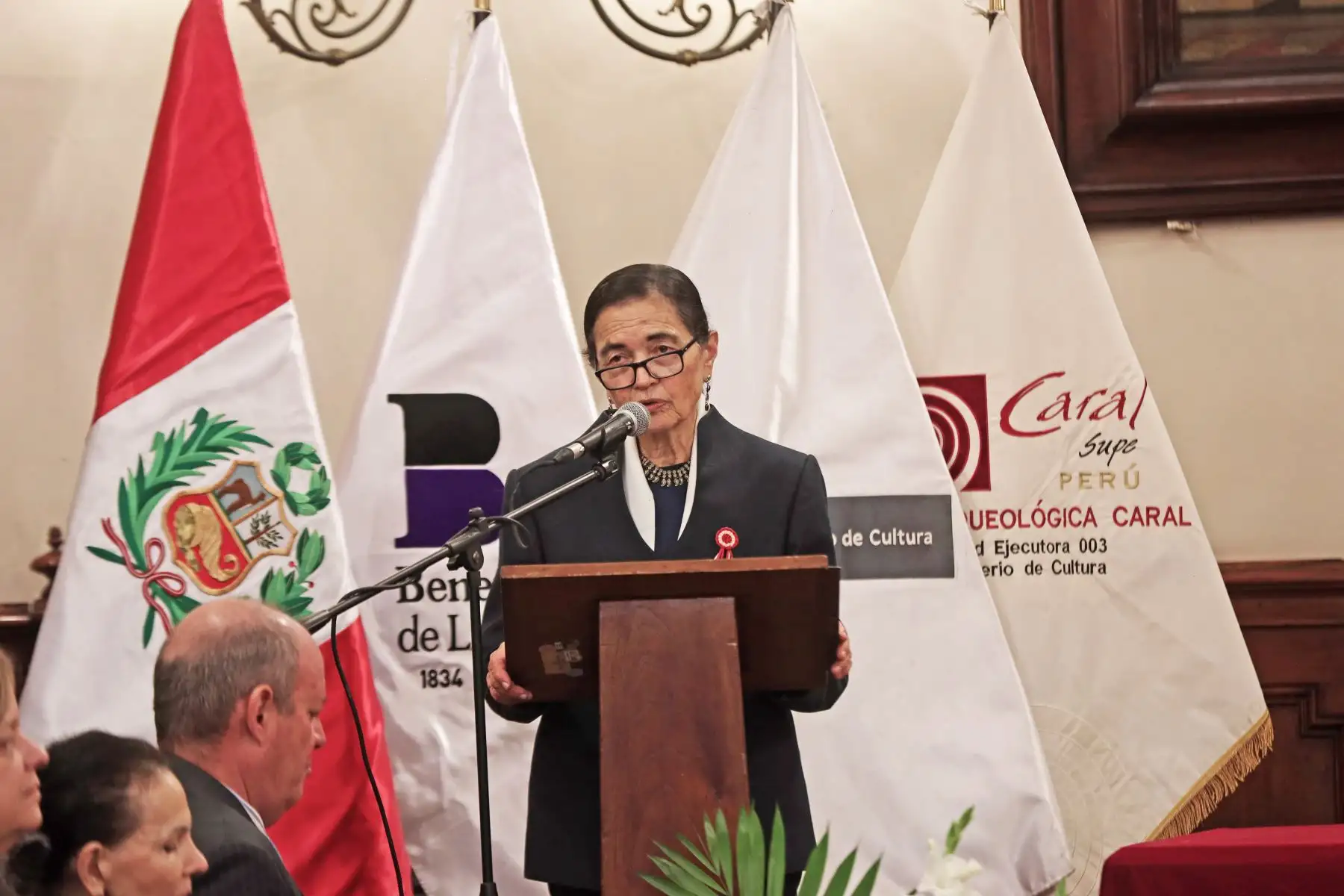 La destacada doctora e investigadora Ruth Shady brinda unas palabras durante la inauguración de la exposición “Ciudad Sagrada de Caral, Patrimonio Mundial y los valores de la civilización Caral. Reflexiones para el buen vivir”. Foto: ANDINA/ Connie Calderon