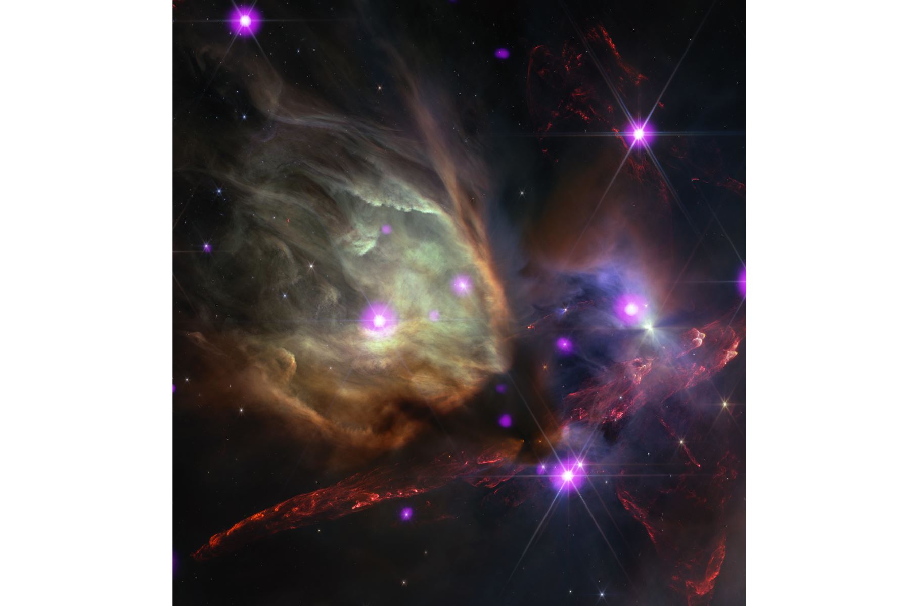 Esta es una imagen compuesta del Observatorio de rayos X Chandra de la NASA y el Telescopio Espacial James Webb. En la foto aparece Rho Ophiuchi, a una distancia de unos 390 años luz de la Tierra. Foto: @NASAWebb