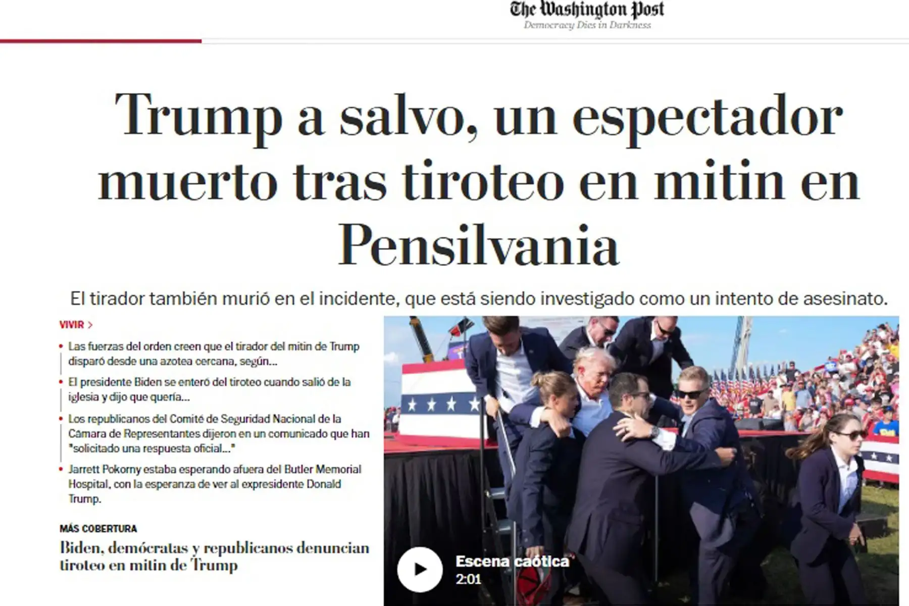 Así reaccionó la prensa mundial ante los hechos de violencia perpetrados contra el expresidente de los Estados Unidos Donald Trump.
Foto: ANDINA/Difusión