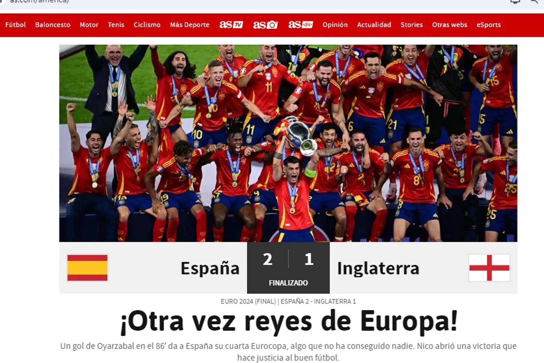 Así informa la prensa mundial sobre el triunfo de España ante Inglaterra, logrando coronarse campeón de la Eurocopa 2024. En la imagen, portada del diario As.
Foto: ANDINA/ Difusión