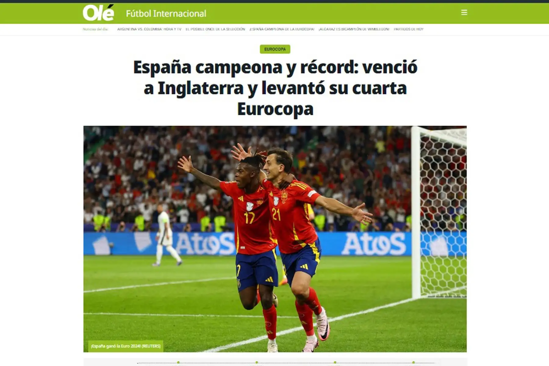 Así informa la prensa mundial sobre el triunfo de España ante Inglaterra, logrando coronarse campeón de la Eurocopa 2024. En la imagen, portada del diario Olé.
Foto: ANDINA/ Difusión