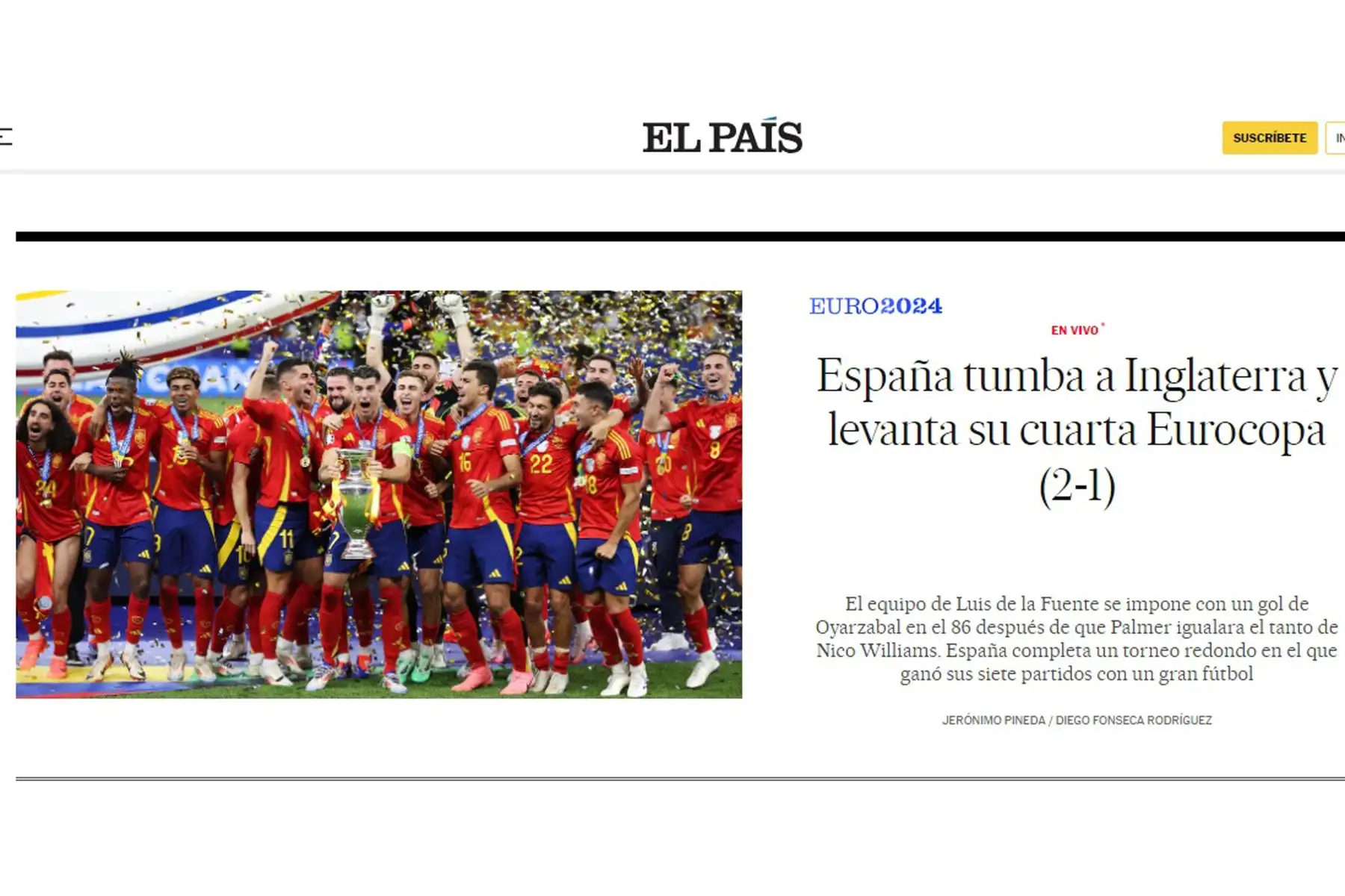 Así informa la prensa mundial sobre el triunfo de España ante Inglaterra, logrando coronarse campeón de la Eurocopa 2024. En la imagen, portada del diario El País.
Foto: ANDINA/ Difusión