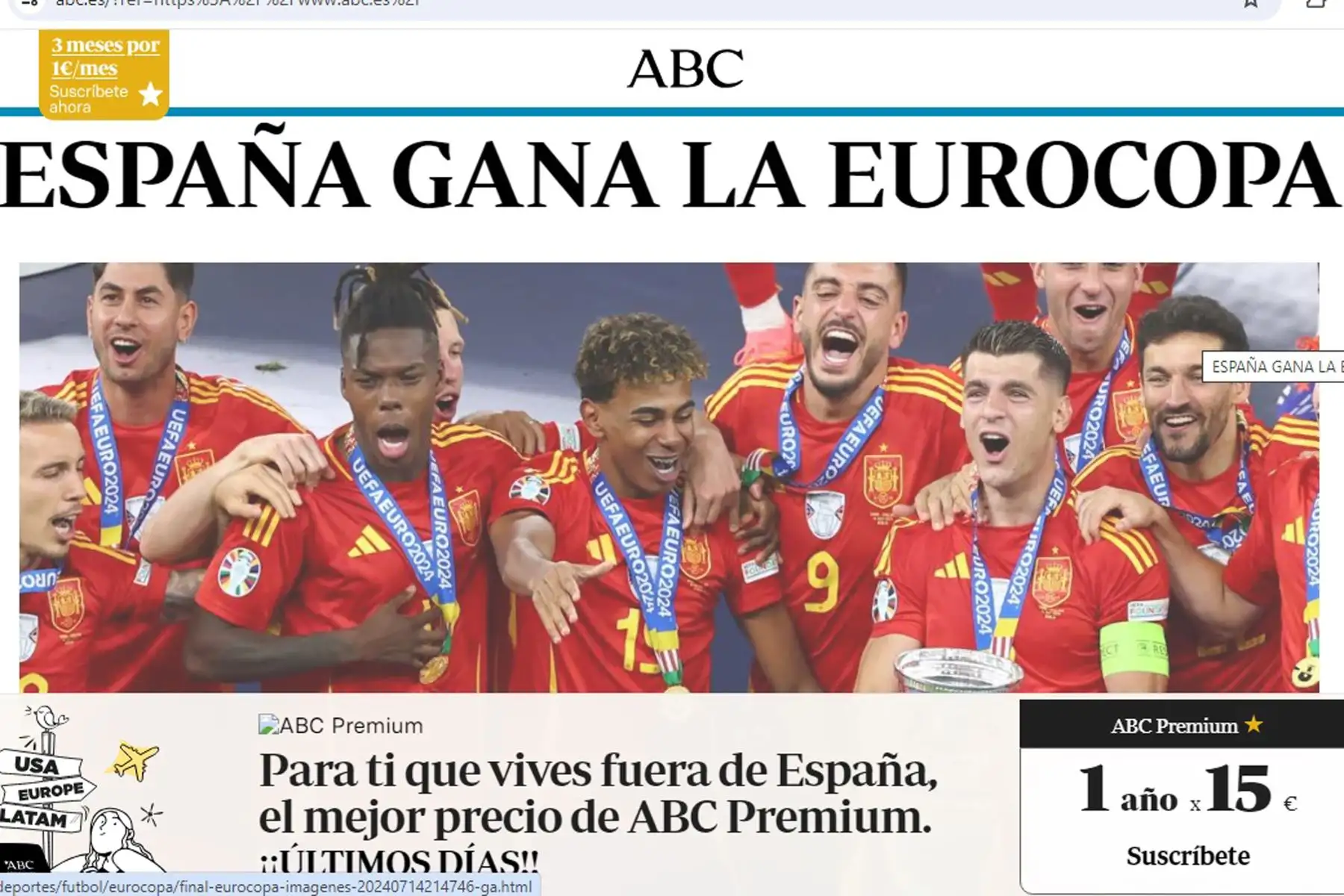 Así informa la prensa mundial sobre el triunfo de España ante Inglaterra, logrando coronarse campeón de la Eurocopa 2024. En la imagen, portada del diario As.
Foto: ANDINA/ Difusión