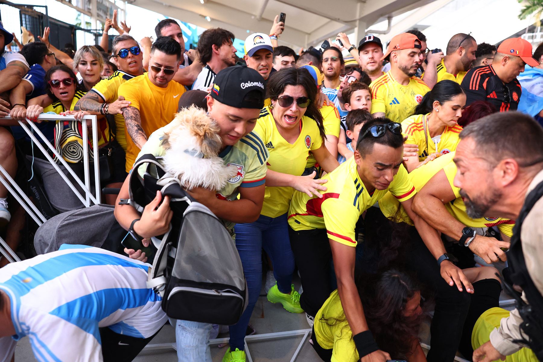 Los fanáticos intentan ingresar al estadio en medio de disturbios previos al partido final de la CONMEBOL Copa América 2024 entre Argentina y Colombia en el Hard Rock Stadium.
Foto: AFP