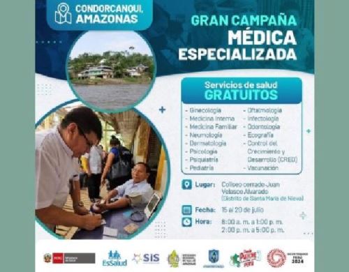 Especialistas médicos del Minsa y de EsSalud brindan desde hoy lunes 15 hasta el sábado 20 de julio atención médica gratuita a la población de Santa María de Nieva, en Amazonas.