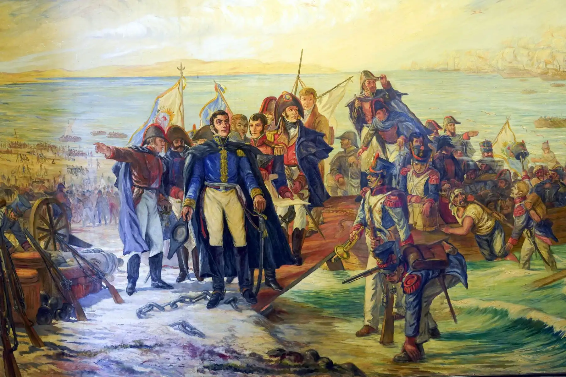 Igualmente, los visitantes pueden apreciar dos lienzos de gran formato del artista norteño Raúl Vizcarra, en una de ellas se representa el desembarco del ejército libertador en Paracas, ocurrido el 8 de setiembre de 1820, esta obra fue hecha en 1948. Foto: Genry Bautista