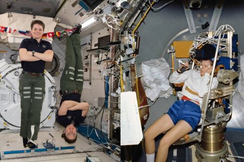A la izquierda: Las astronautas de la NASA, Anne C. McClain y Christina H. Koch demuestran la ingradivez durante la Expedición 59. A la derecha: La Dra. Roberta L. Bondar, la primera mujer canadiense en el espacio, participa en una experimento neuro-vestibular durante la misión STS-42 International Microgravity Laboratory-1 (IML-1).