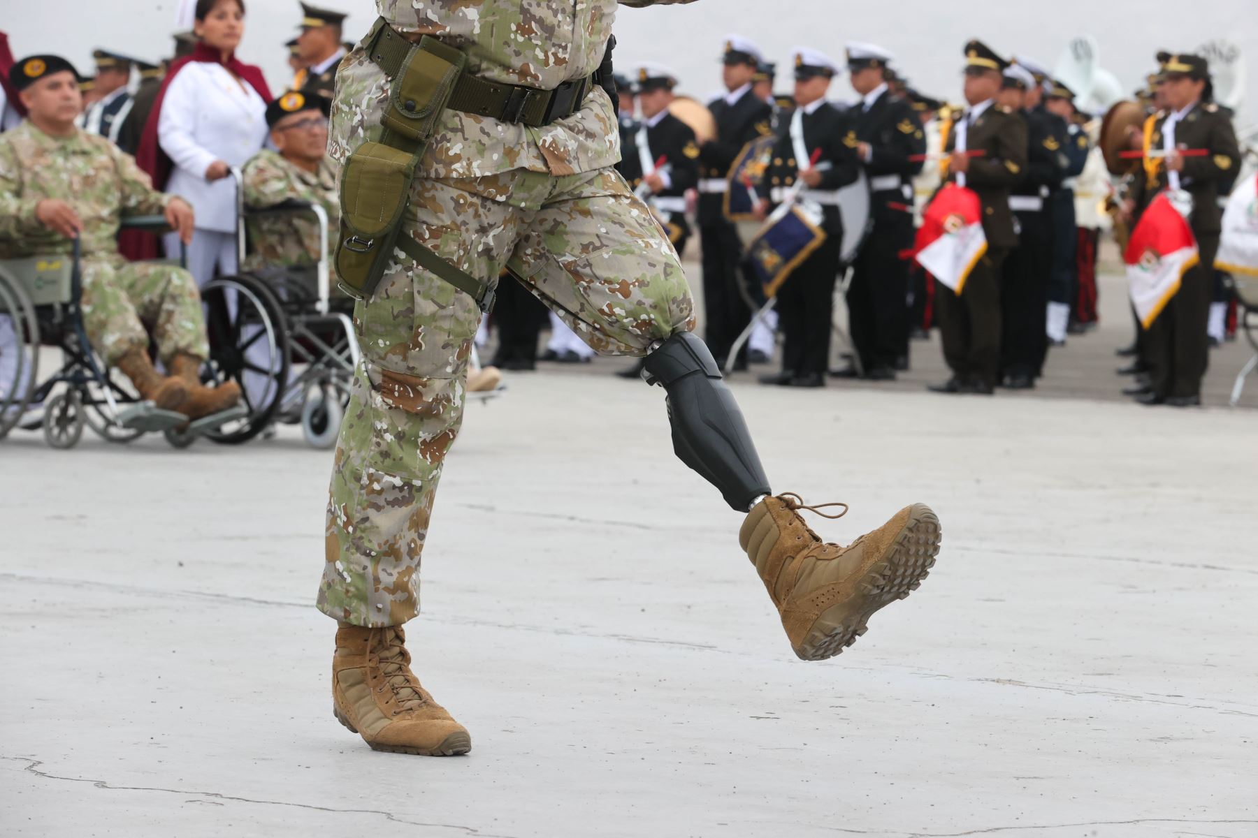 Desfile del batallón de Veteranos de guerra durante el ensayo general de la Gran Parada y Desfile Cívico Militar 2024 desarrollado en la base aérea Las Palmas como parte de las actividades por el 203° aniversario de la Independencia Nacional del Perú. Foto:Juan Carlos Guzmán Negrini