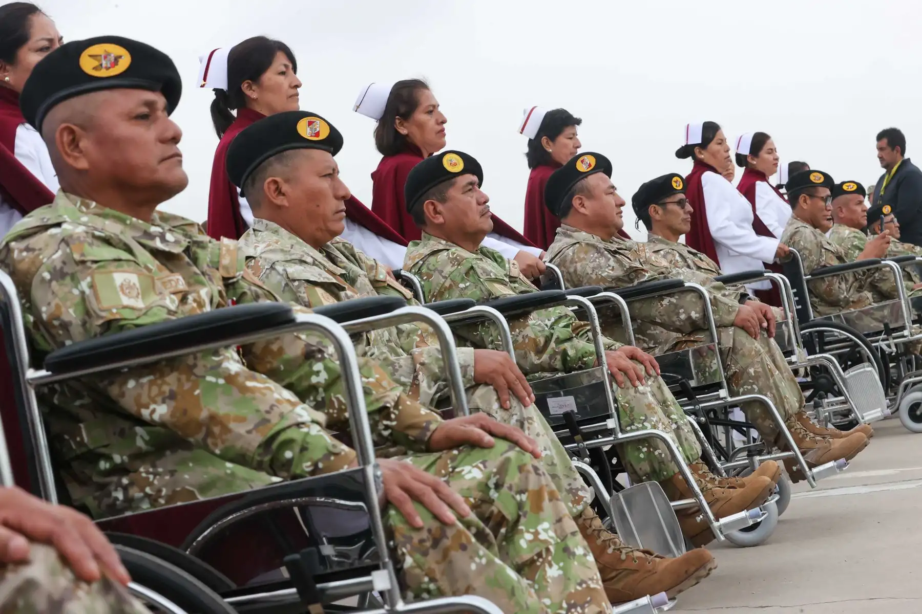 Desfile del batallón de veteranos de guerra durante el ensayo general de la Gran Parada y Desfile Cívico Militar 2024 desarrollado en la base aérea Las Palmas como parte de las actividades por el 203° aniversario de la Independencia Nacional del Perú.

Foto:Juan Carlos Guzmán Negrini