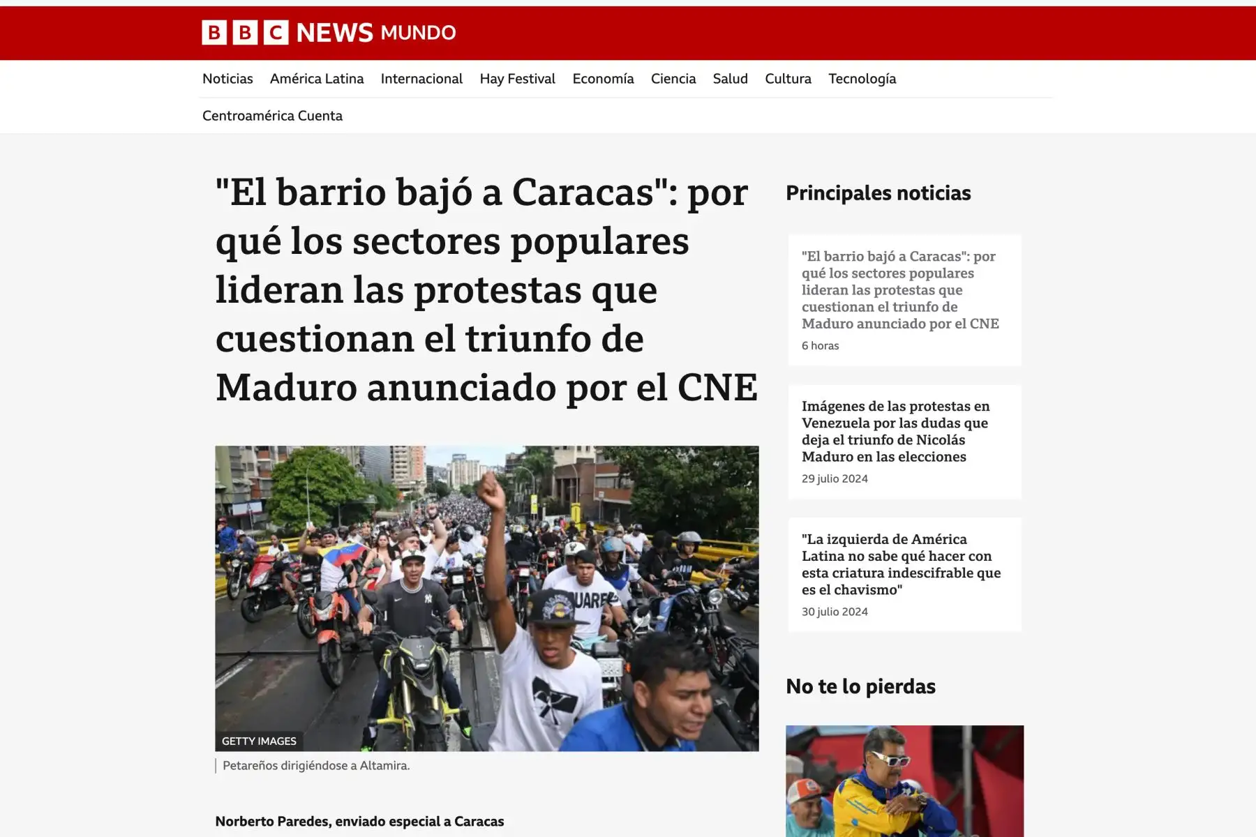Así informó la BBC de Londres sobre la crisis política y social en Venezuela, tras las elecciones generales en dicho país, que hasta la fecha dan como ganador al candidato y acual presidente venezolano, Nicolás Maduro. Foto: INTERNET/Medios