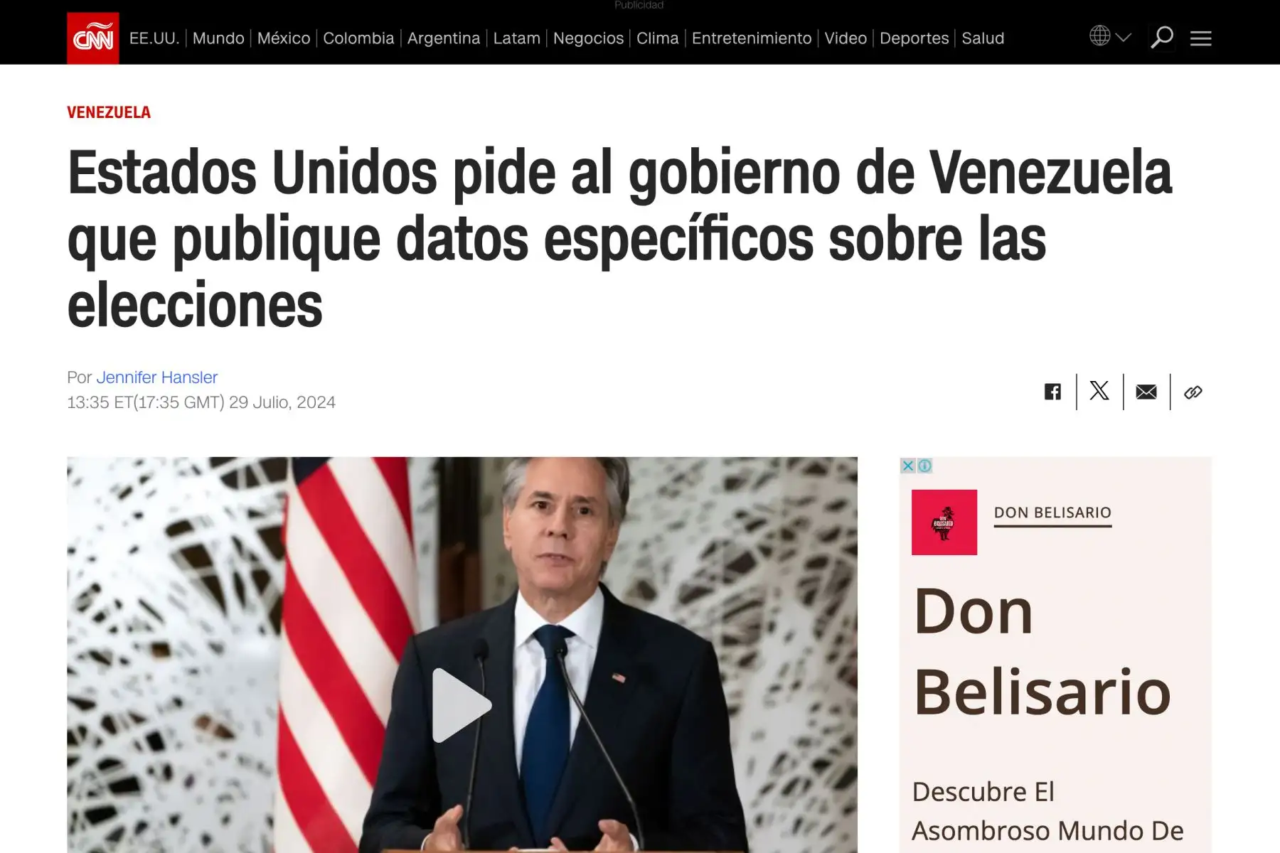Así informó la cadena norteamericana CNN sobre la crisis política y social en Venezuela, tras las elecciones generales en dicho país, que hasta la fecha dan como ganador al candidato y acual presidente venezolano, Nicolás Maduro. Foto: INTERNET/Medios