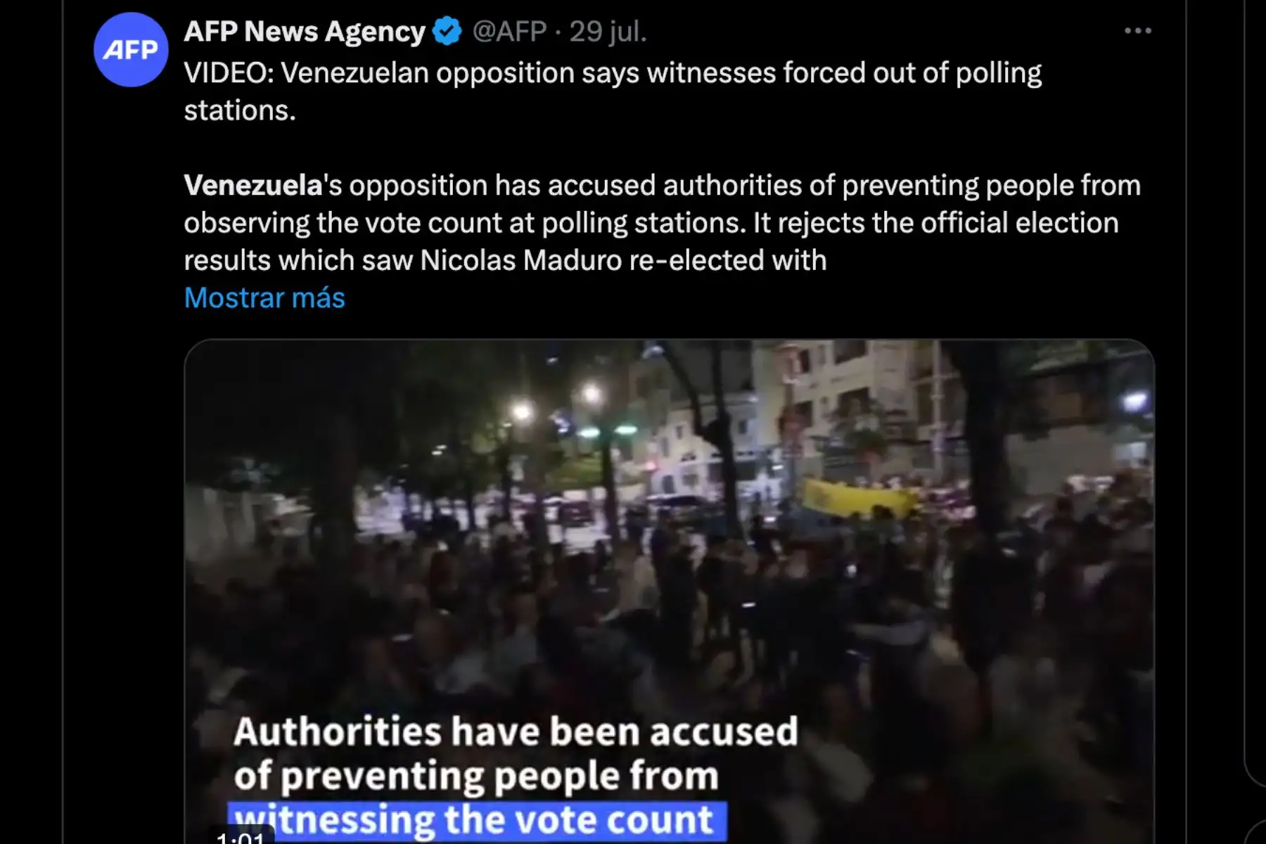 Así informó la agencia de noticias europea France Press sobre la crisis política y social en Venezuela, tras las elecciones generales en dicho país, que hasta la fecha dan como ganador al candidato y acual presidente venezolano, Nicolás Maduro. Foto: INTERNET/Medios