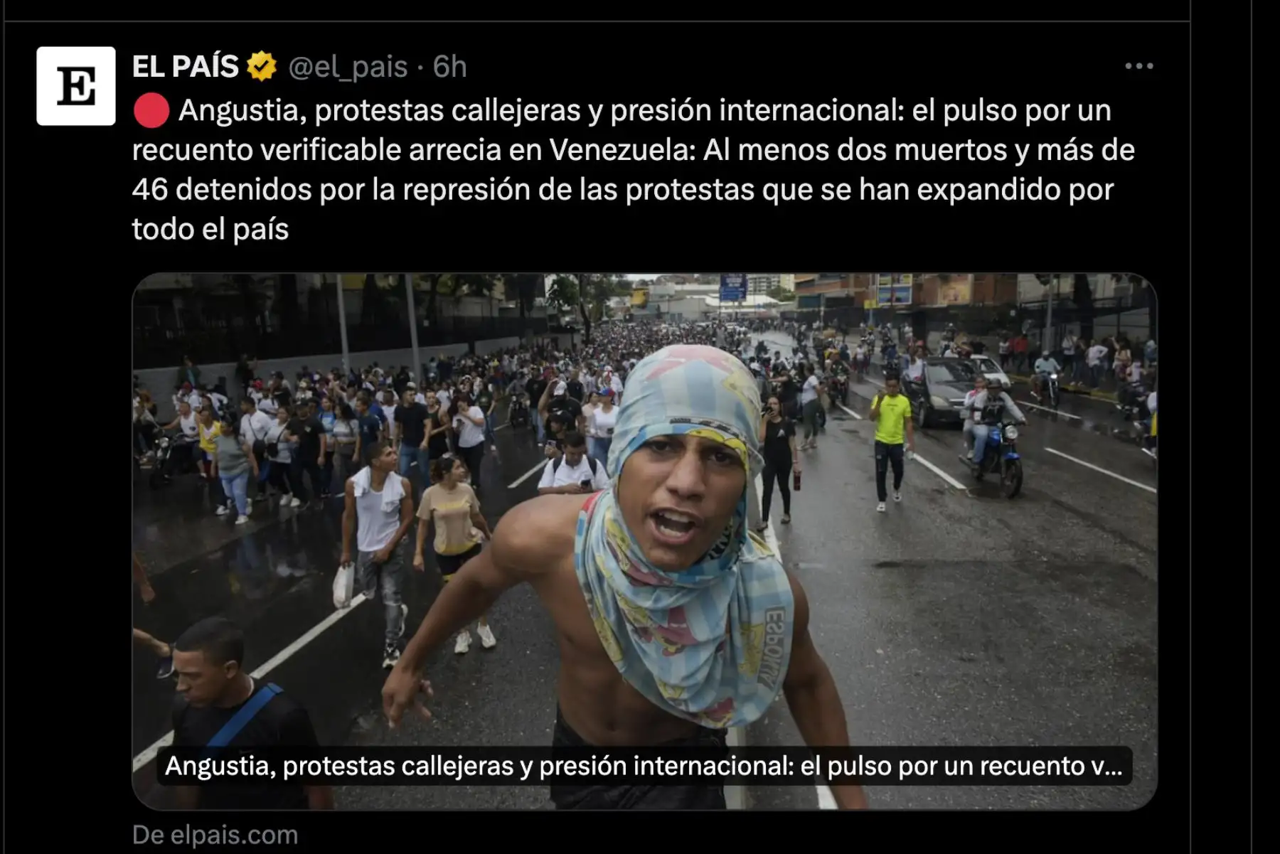 Así informó el diario El País de España sobre la crisis política y social en Venezuela, tras las elecciones generales en dicho país, que hasta la fecha dan como ganador al candidato y acual presidente venezolano, Nicolás Maduro. Foto: INTERNET/Medios