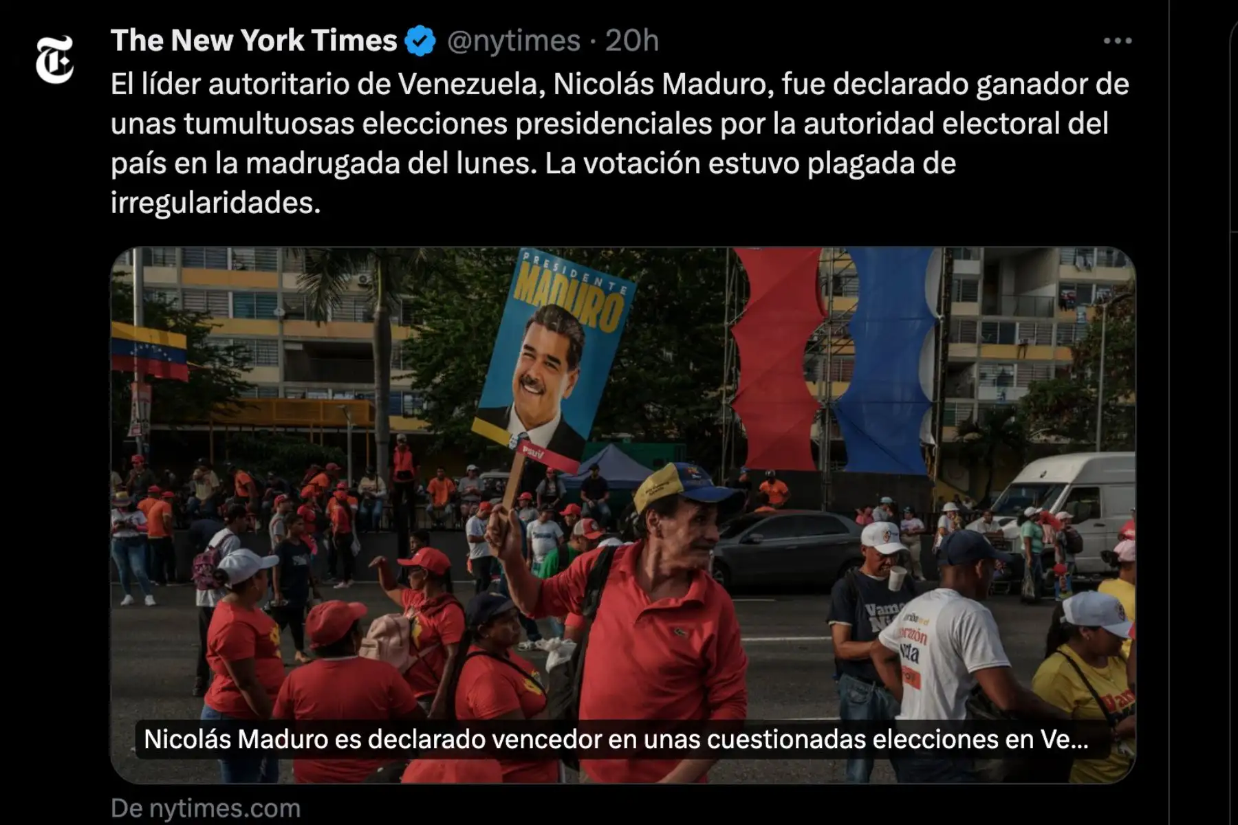 Así informó The New York Times de EE.UU. sobre la crisis política y social en Venezuela, tras las elecciones generales en dicho país, que hasta la fecha dan como ganador al candidato y acual presidente venezolano, Nicolás Maduro. Foto: INTERNET/Medios