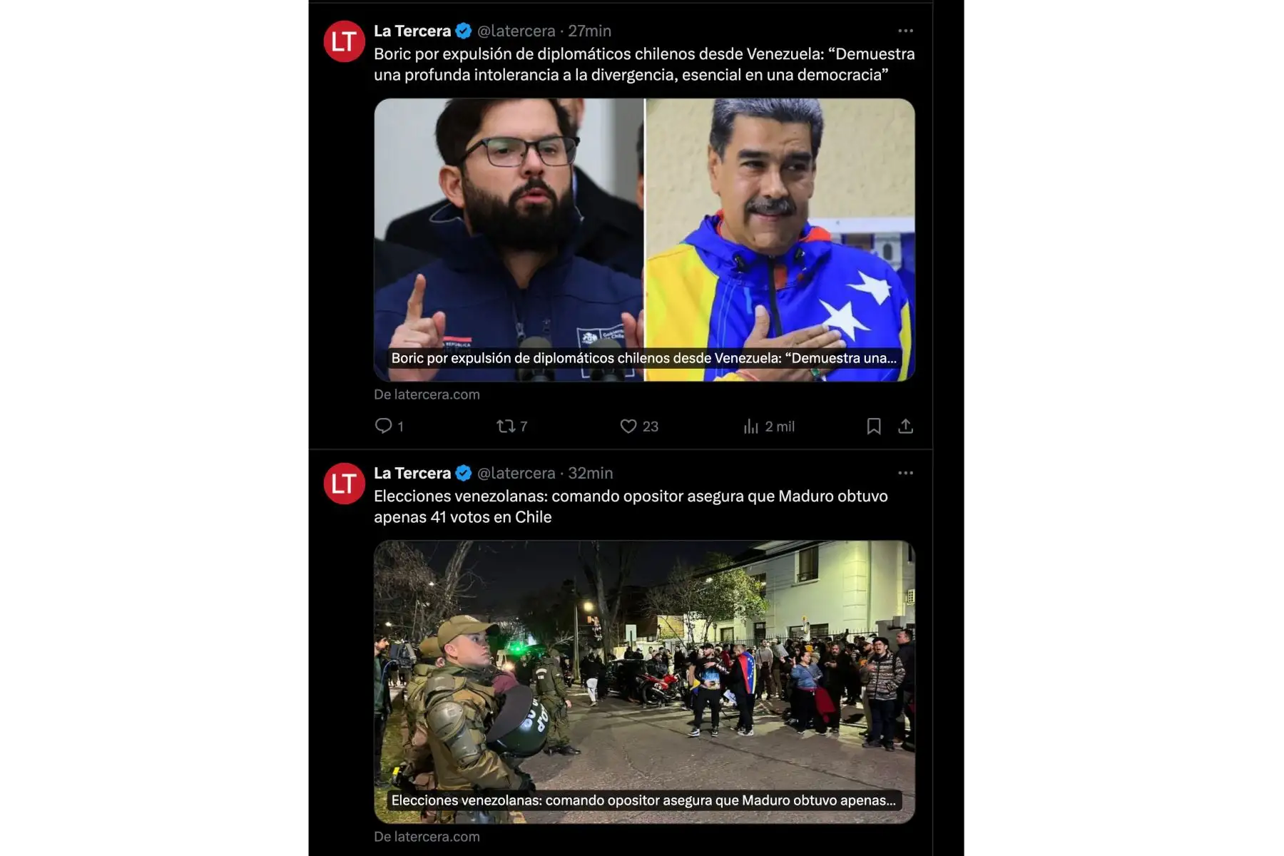 Así informó La Tercera de Chile sobre la crisis política y social en Venezuela, tras las elecciones generales en dicho país, que hasta la fecha dan como ganador al candidato y acual presidente venezolano, Nicolás Maduro. Foto: INTERNET/Medios