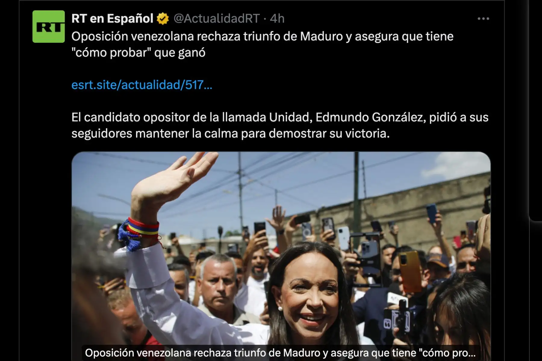 Así informó la cadena rusa RT sobre la crisis política y social en Venezuela, tras las elecciones generales en dicho país, que hasta la fecha dan como ganador al candidato y acual presidente venezolano, Nicolás Maduro. Foto: INTERNET/Medios