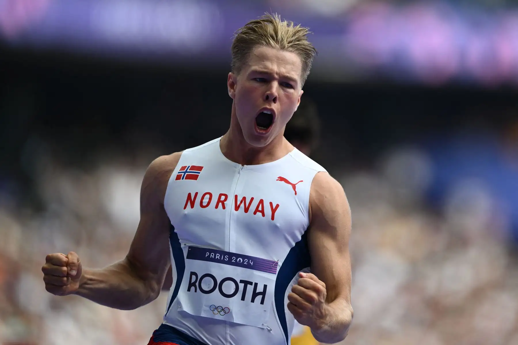 El noruego Markus Rooth celebra tras ganar en los 100 metros de decatlón masculino de la prueba de atletismo de los Juegos Olímpicos de París 2024. Foto: AFP