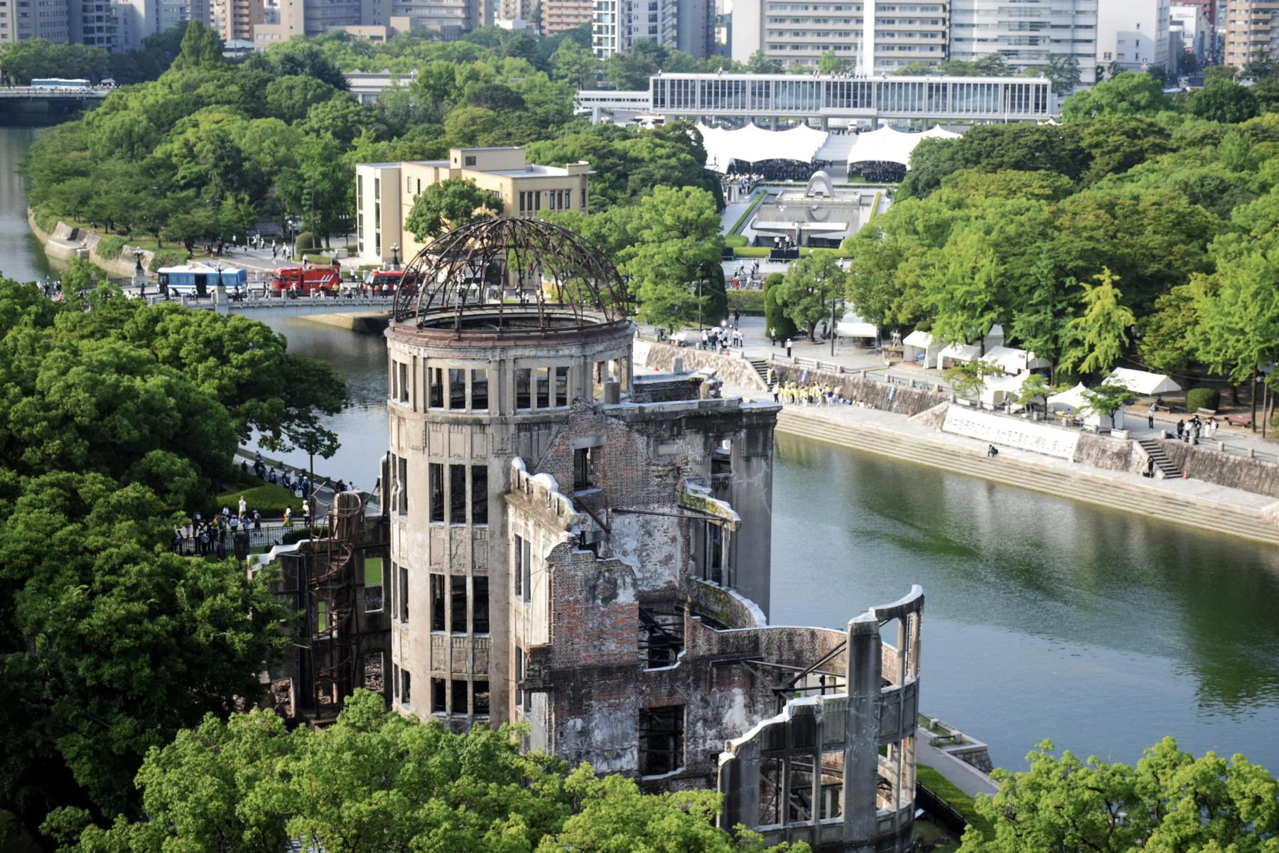 La Cúpula de la Bomba Atómica y el Parque Conmemorativo de la Paz de Hiroshima en Hiroshima, Japón occidental, 06 de agosto de 2024. Hiroshima celebra el 79.º aniversario desde el bombardeo atómico de la ciudad el 6 de agosto de 1945, que mató a unas 140.000 personas a finales de 1945. según la ciudad de Hiroshima.Foto: EFE