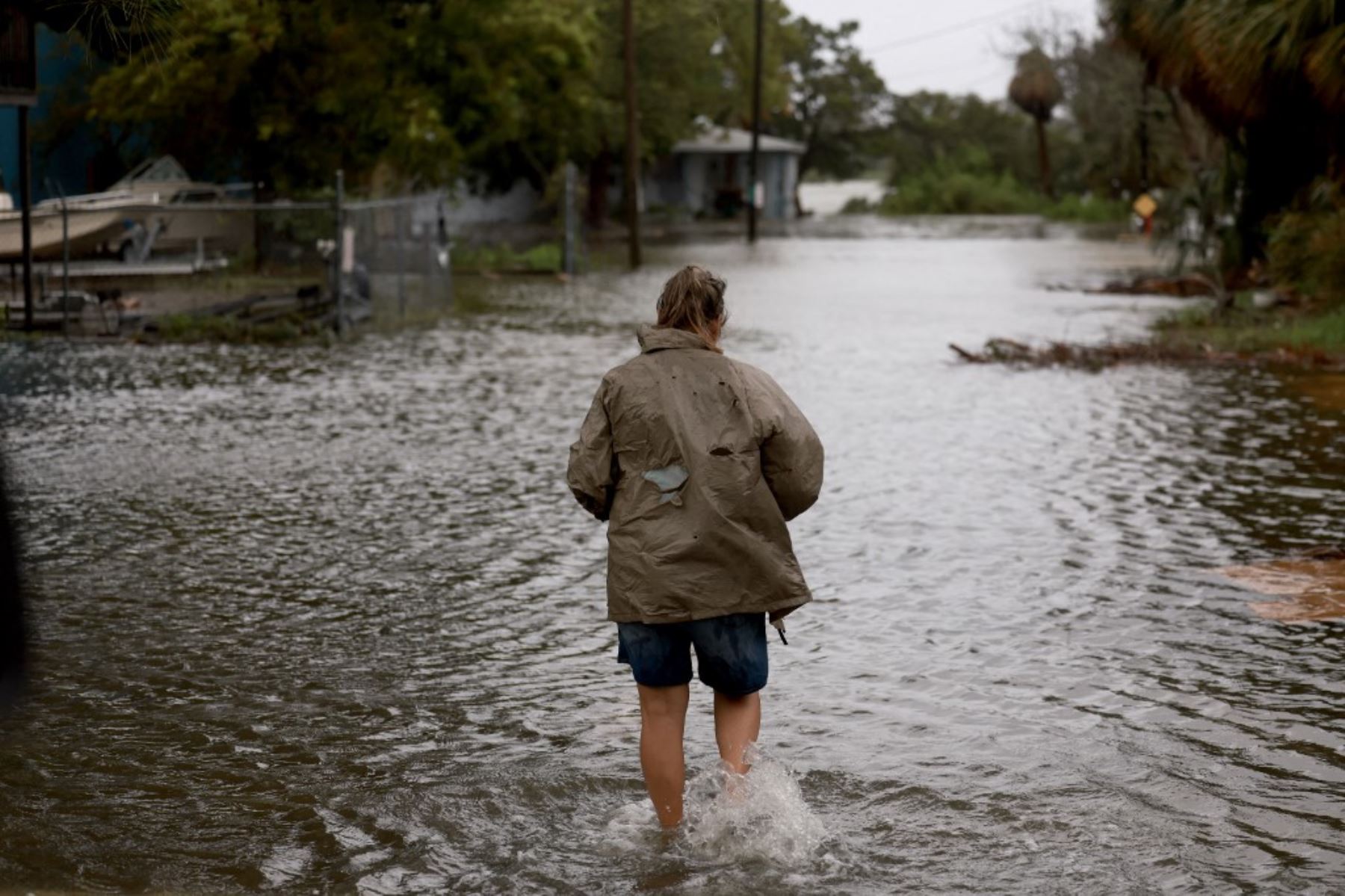 Una persona camina por una calle inundada a causa de la lluvia y la marejada ciclónica del huracán Debby en Cedar Key, Florida. El huracán  azota además con fuertes vientos a lo largo del área de Big Bend en Florida. Foto: AFP