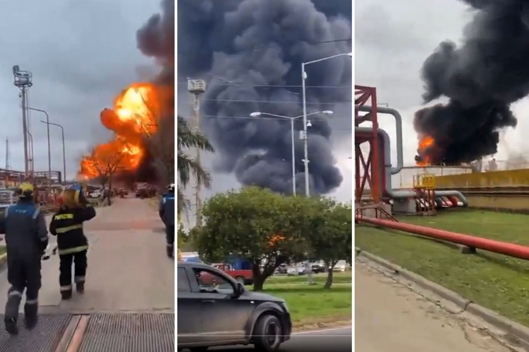 Capturas de pantalla de videos grabados por testigos durante el incendio en la mayor refinería de Argentina, este jueves 22 de agosto.