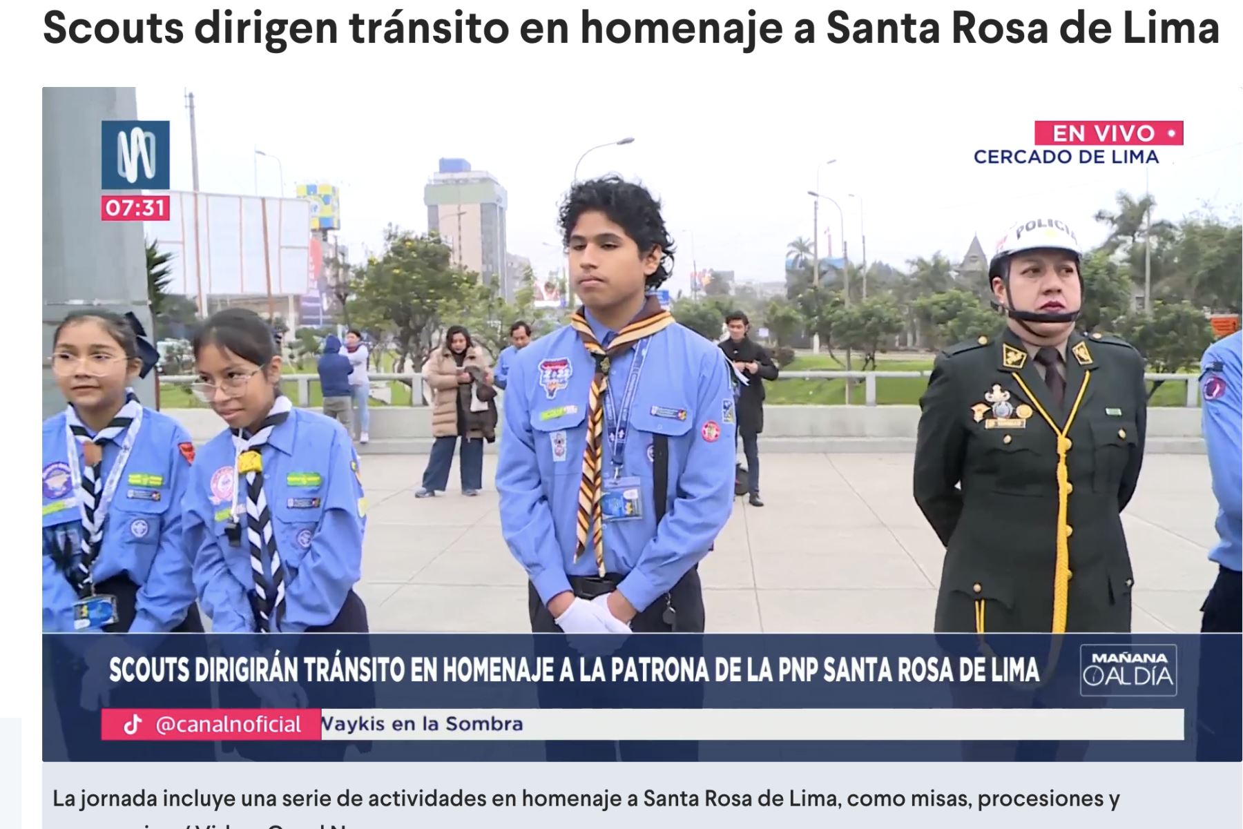 Scouts dirigen tránsito en homenaje a Santa Rosa de Lima. Foto: Captura TV