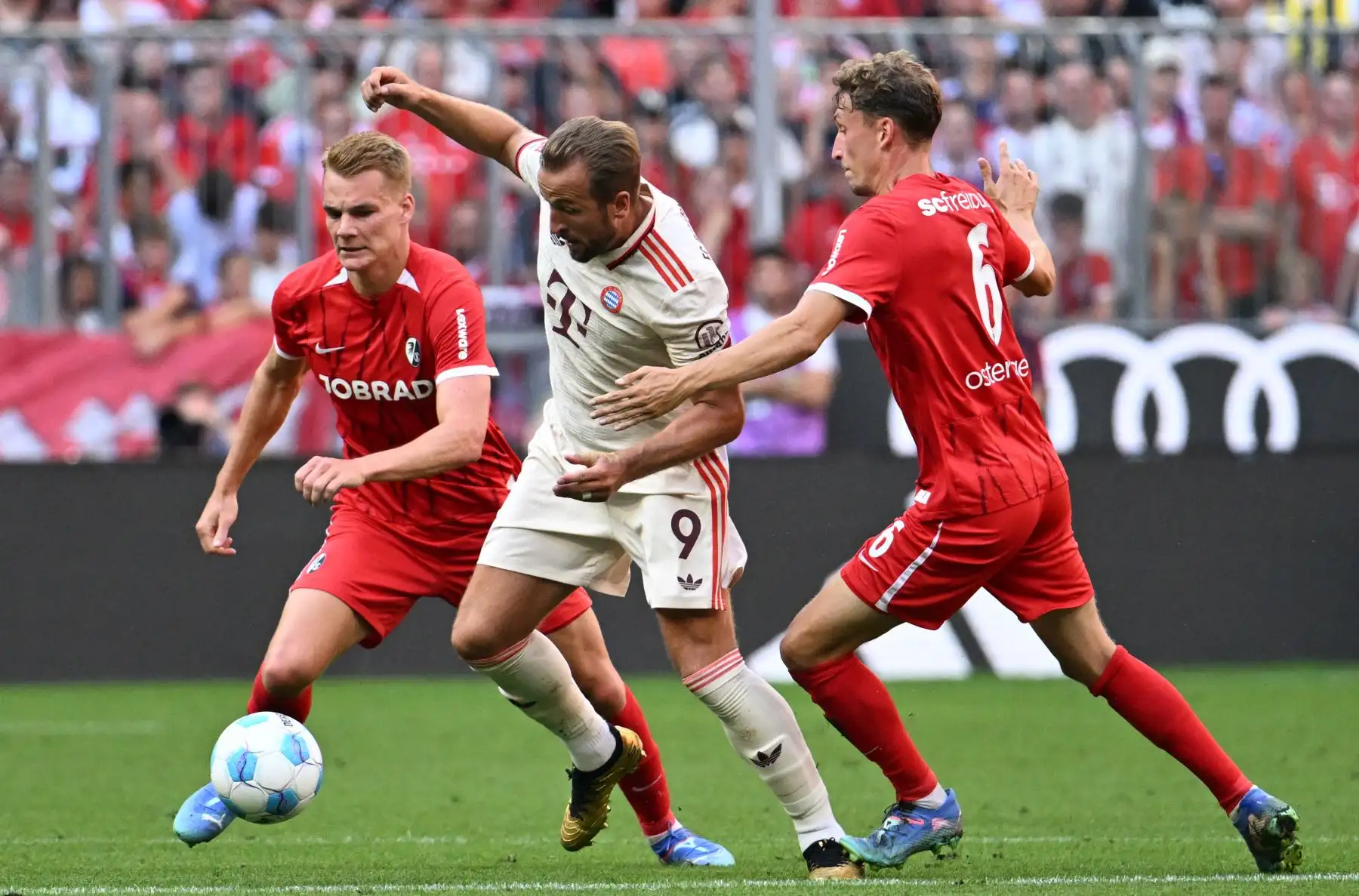 El delantero inglés del Bayern Munich Harry Kane compite por el balón con el defensor austríaco del Friburgo Philipp Lienhart y el mediocampista alemán del Friburgo Patrick Osterhage durante el partido de fútbol de la primera división alemana Bundesliga entre el FC Bayern Munich y el SC Freiburg. Foto. ANDINA/AFP