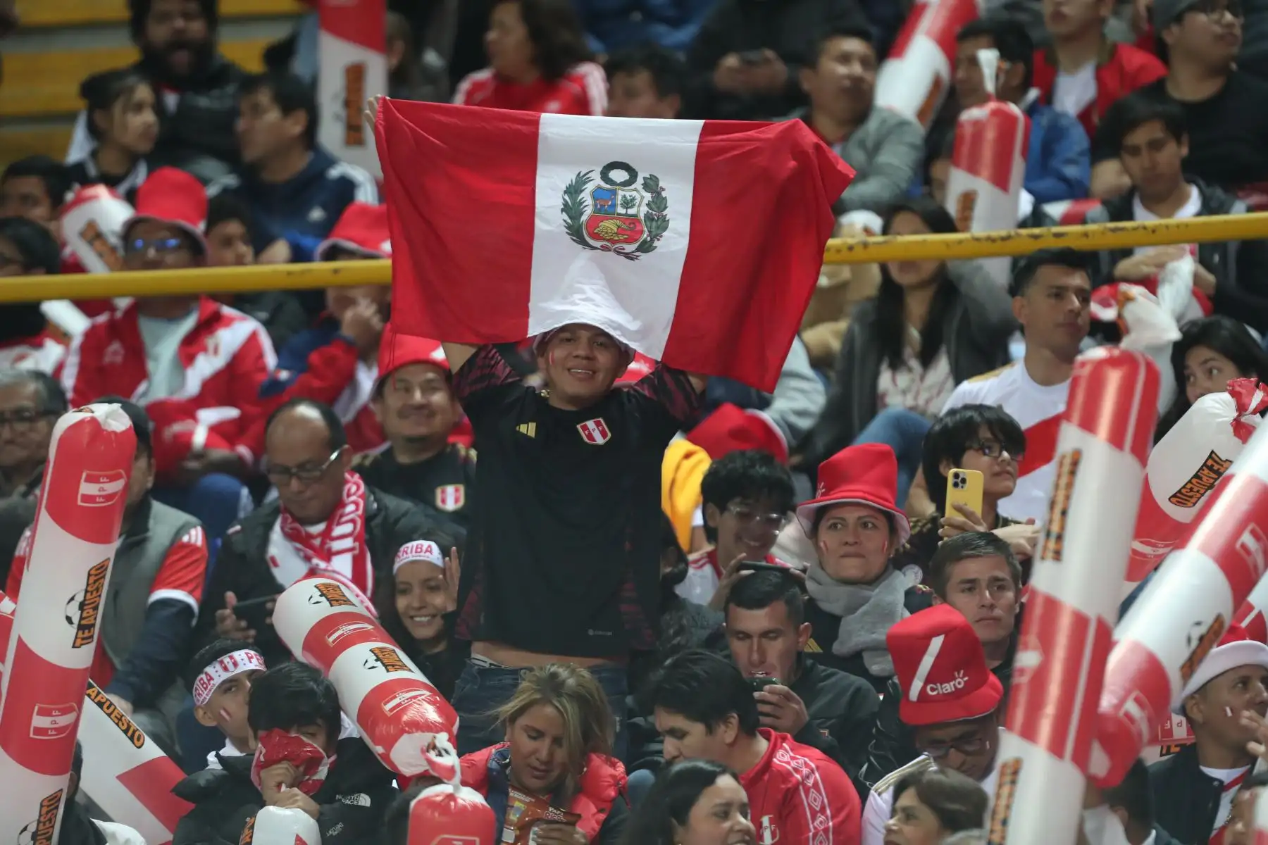 Hinchas peruanos y colombianos alientan a sus equipos desde las tribunas del Estadio Nacional, momentos previos a disputarse el partido de fútbol entre las selecciones de Perú y Colombia por la fecha 7 de las Eliminatorias al Mundial 2026. Foto: ANDINA / Lino Chipana
