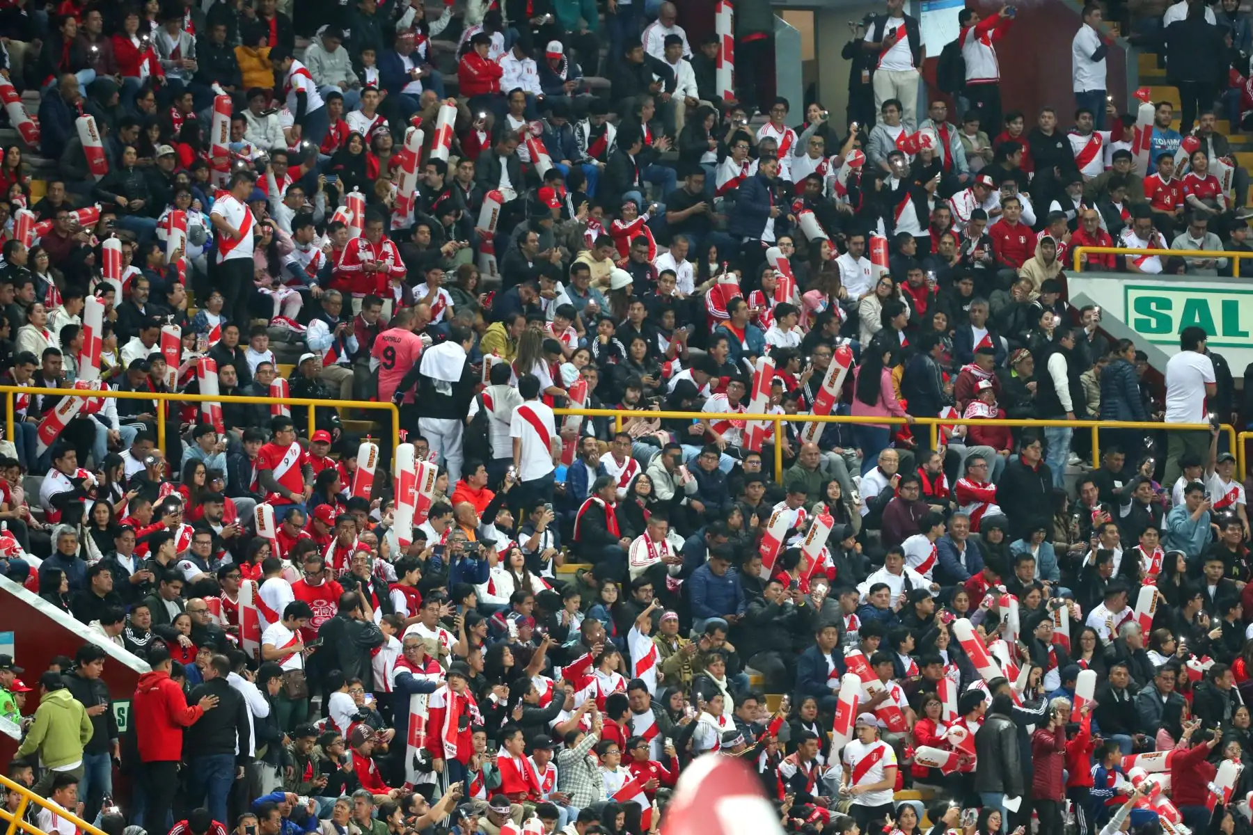 Hinchas peruanos y colombianos alientan a sus equipos desde las tribunas del Estadio Nacional, momentos previos a disputarse el partido de fútbol entre las selecciones de Perú y Colombia por la fecha 7 de las Eliminatorias al Mundial 2026. Foto: ANDINA / Lino Chipana