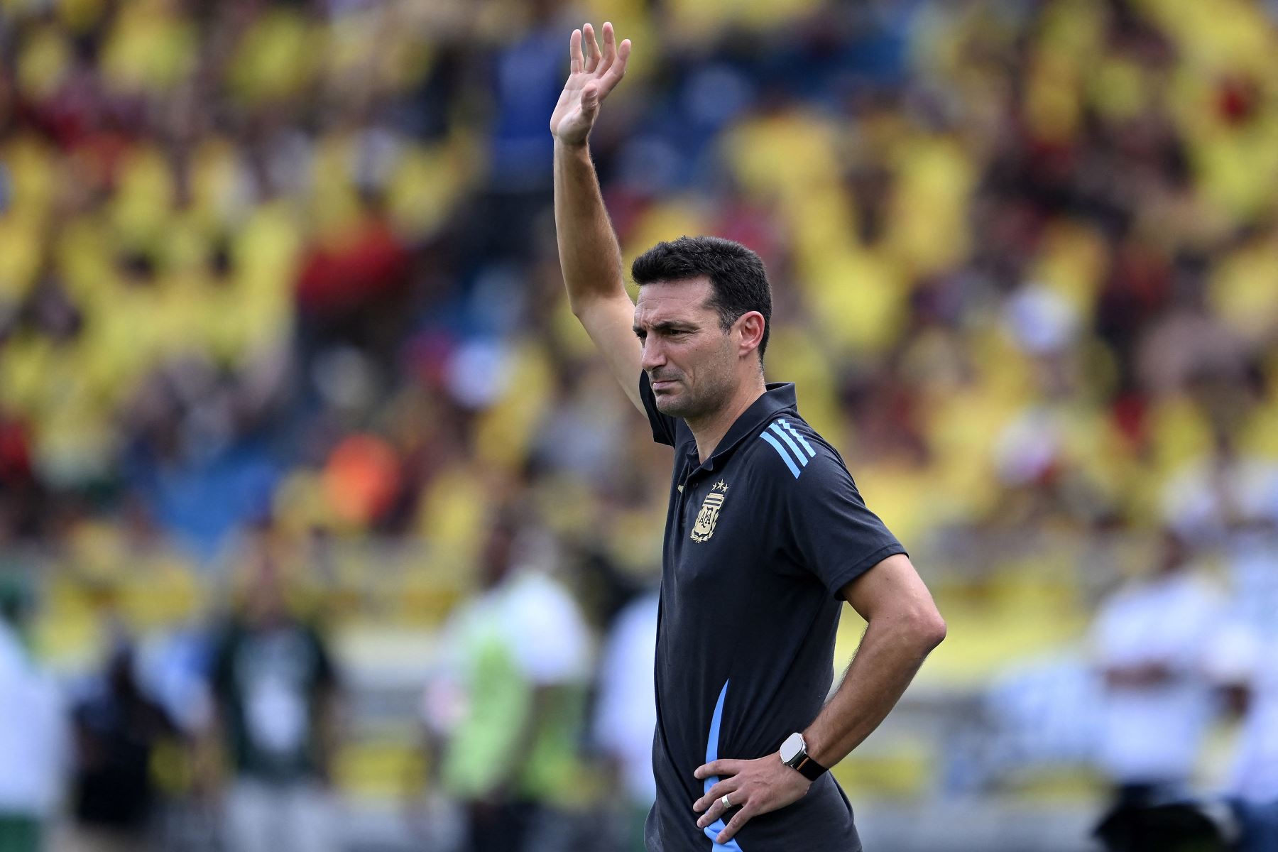 El entrenador argentino Lionel Scaloni hace gestos durante el partido de fútbol de las eliminatorias sudamericanas para la Copa Mundial de la FIFA 2026 entre Colombia y Argentina, en el estadio Metropolitano Roberto Meléndez de Barranquilla, Colombia.
Foto: AFP