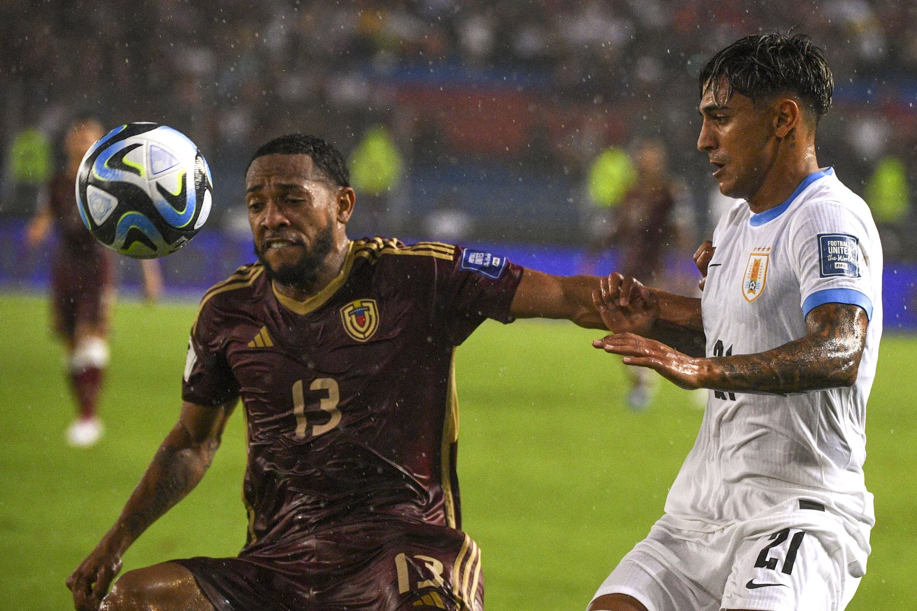 El mediocampista venezolano José Martínez  y el mediocampista uruguayo Facundo Torres luchan por el balón durante el partido de fútbol de las eliminatorias sudamericanas para la Copa Mundial de la FIFA 2026 entre Venezuela y Uruguay en el estadio Monumental de Maturín, Venezuela.
Foto: AFP