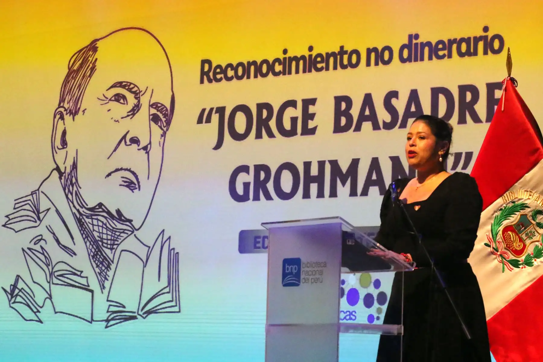 Ana Peña Cardoza, Jefe Institucional de la Biblioteca Nacional del Perú  participa en la ceremonia de reconocimiento no dinerario “Jorge Basadre Grohmann – Edición Bicentenario”,  en el Teatro Auditorio “Mario Vargas Llosa”.
Foto: ANDINA/ Héctor Vinces