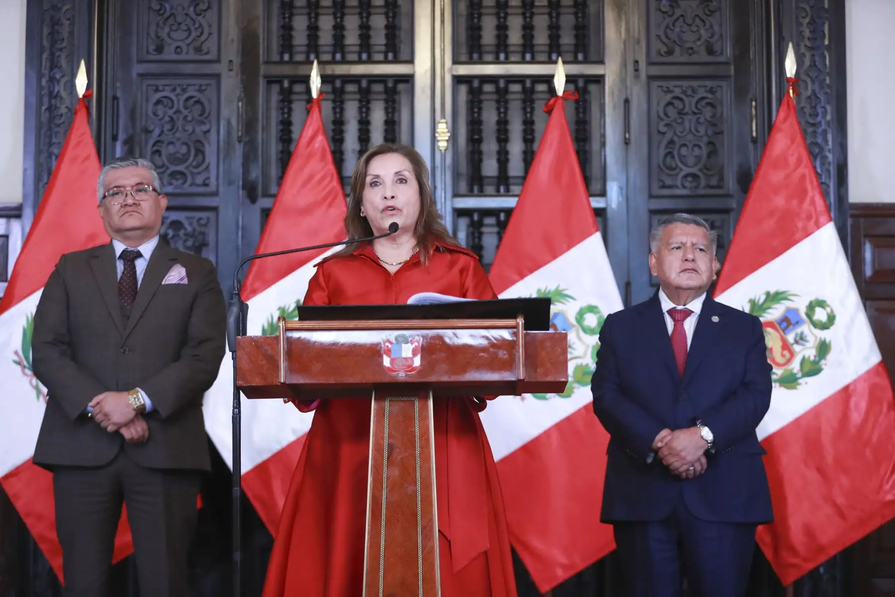 La presidenta Dina Boluarte participa en la firma del convenio de cooperación interinstitucional entre el Ministerio del Ambiente y el Gobierno Regional de La Libertad a desarrollarse en la Sala Túpac Amaru. 
Foto: ANDINA/Prensa Presidencia