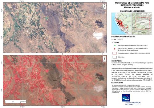 El satélite PeruSat-1 es fundamental para determinar el área afectada, siendo información crítica para las autoridades para acciones post incendios forestales.