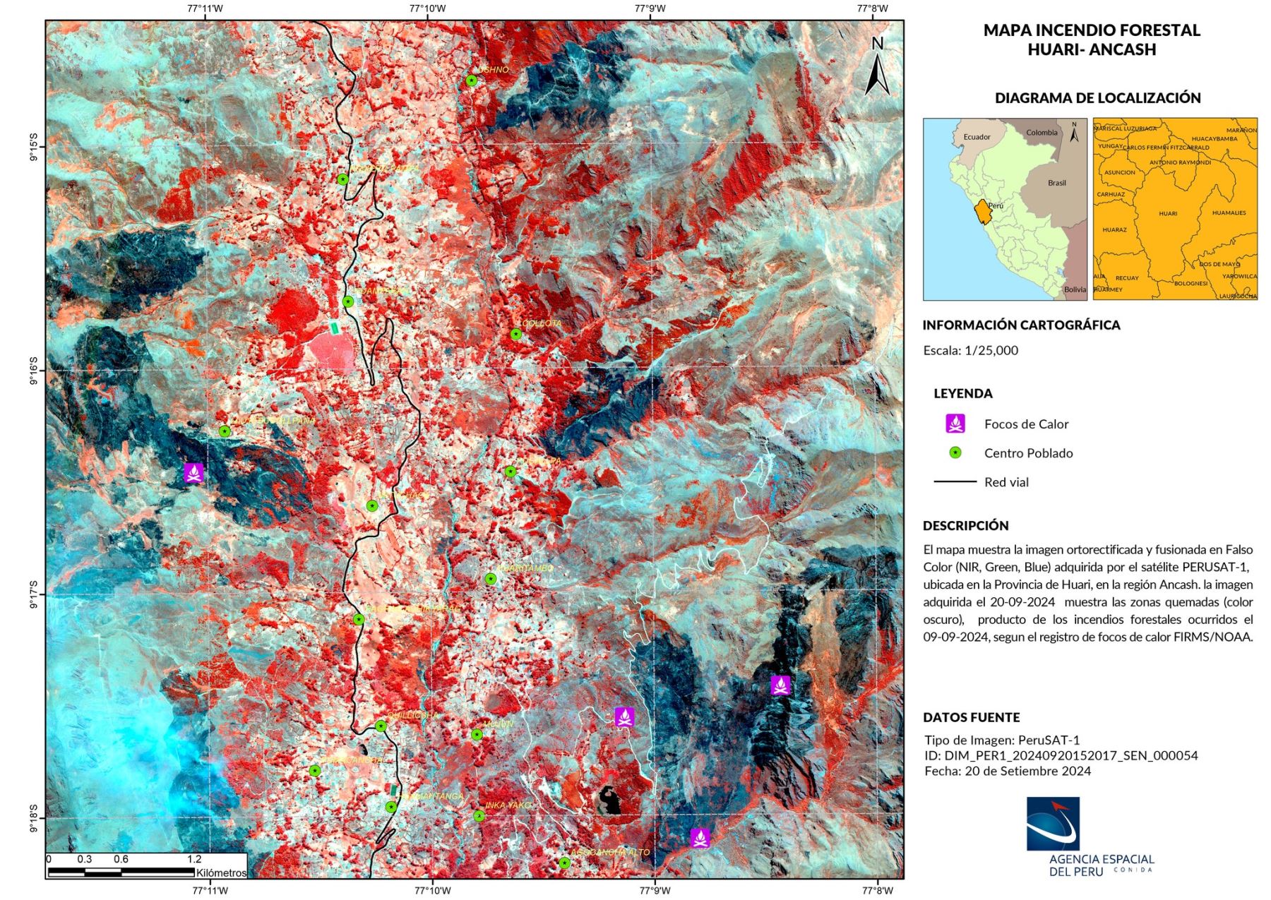 El satélite PeruSat-1 es fundamental para determinar el área afectada, siendo información crítica para las autoridades para acciones post incendios forestales.