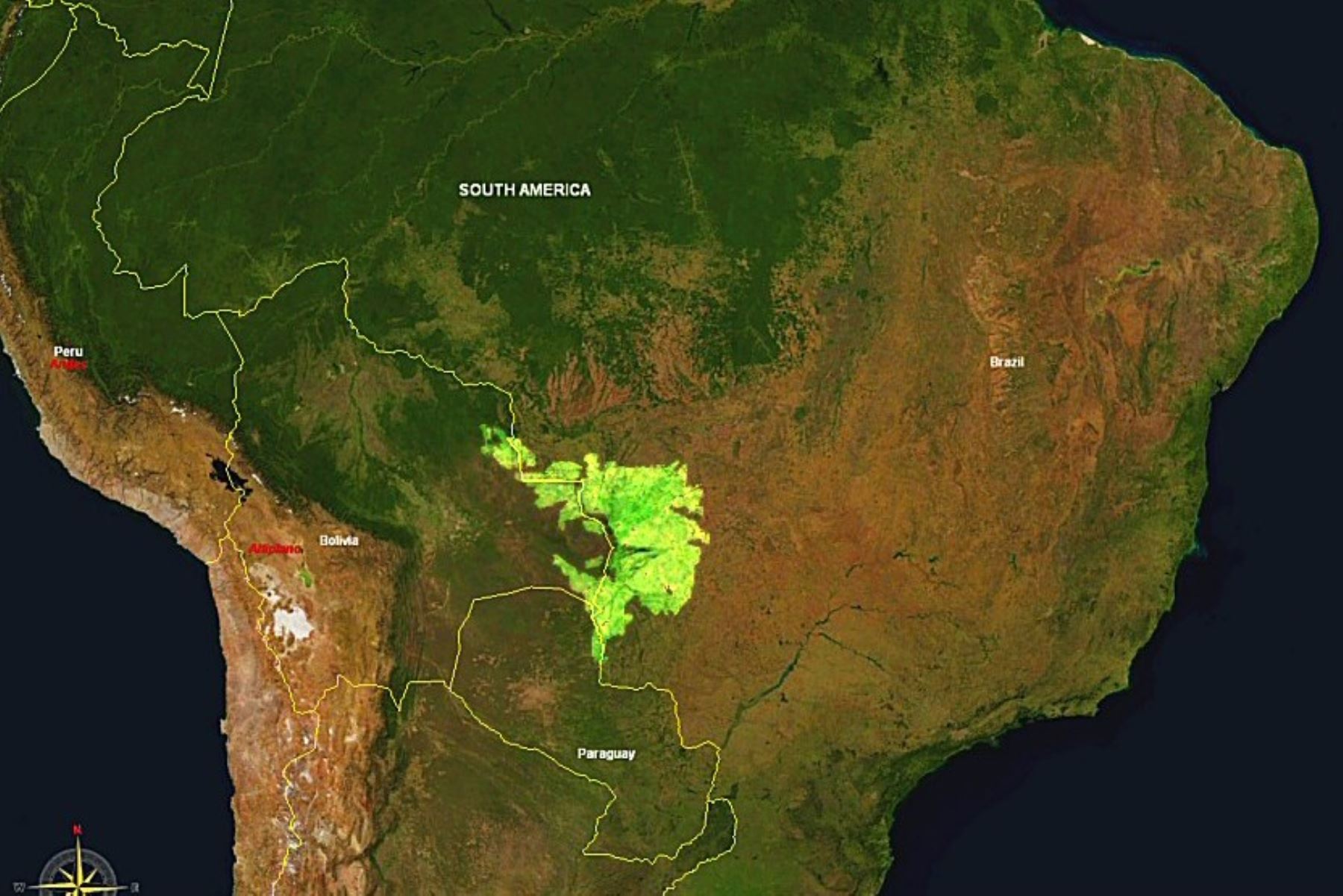 Vista satelital del bioma El Pantanal en Brasil. Imagen: NASA WorldWind