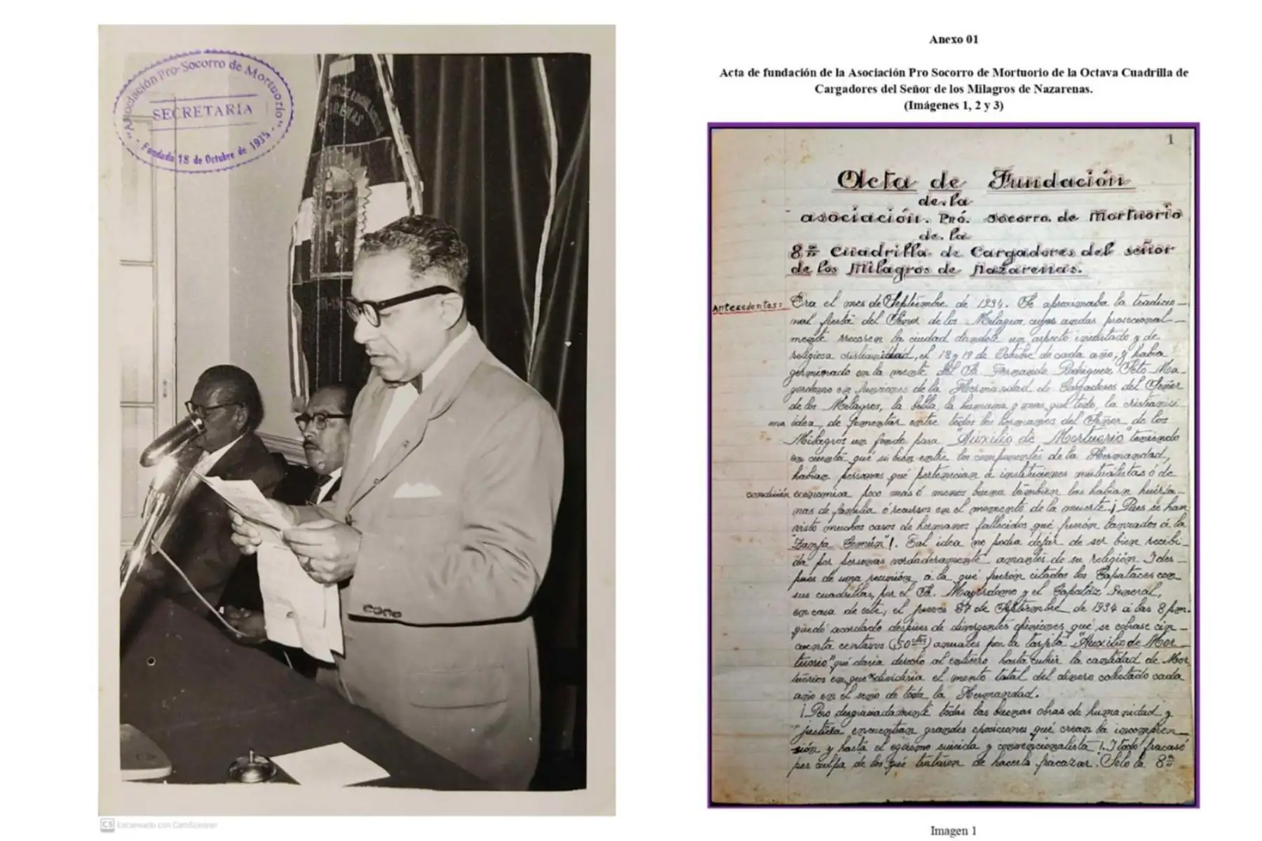 El Ministerio de Cultura declaró Patrimonio Cultural a documentos de la Octava Cuadrilla de Cargadores del Señor de los Milagros de Nazarenas. Se trata de los “Libros de Actas de la Asociación Pro Socorro de Mortuorio” de dicha cuadrilla, que datan de 1935 - 1972. Foto: Difusión