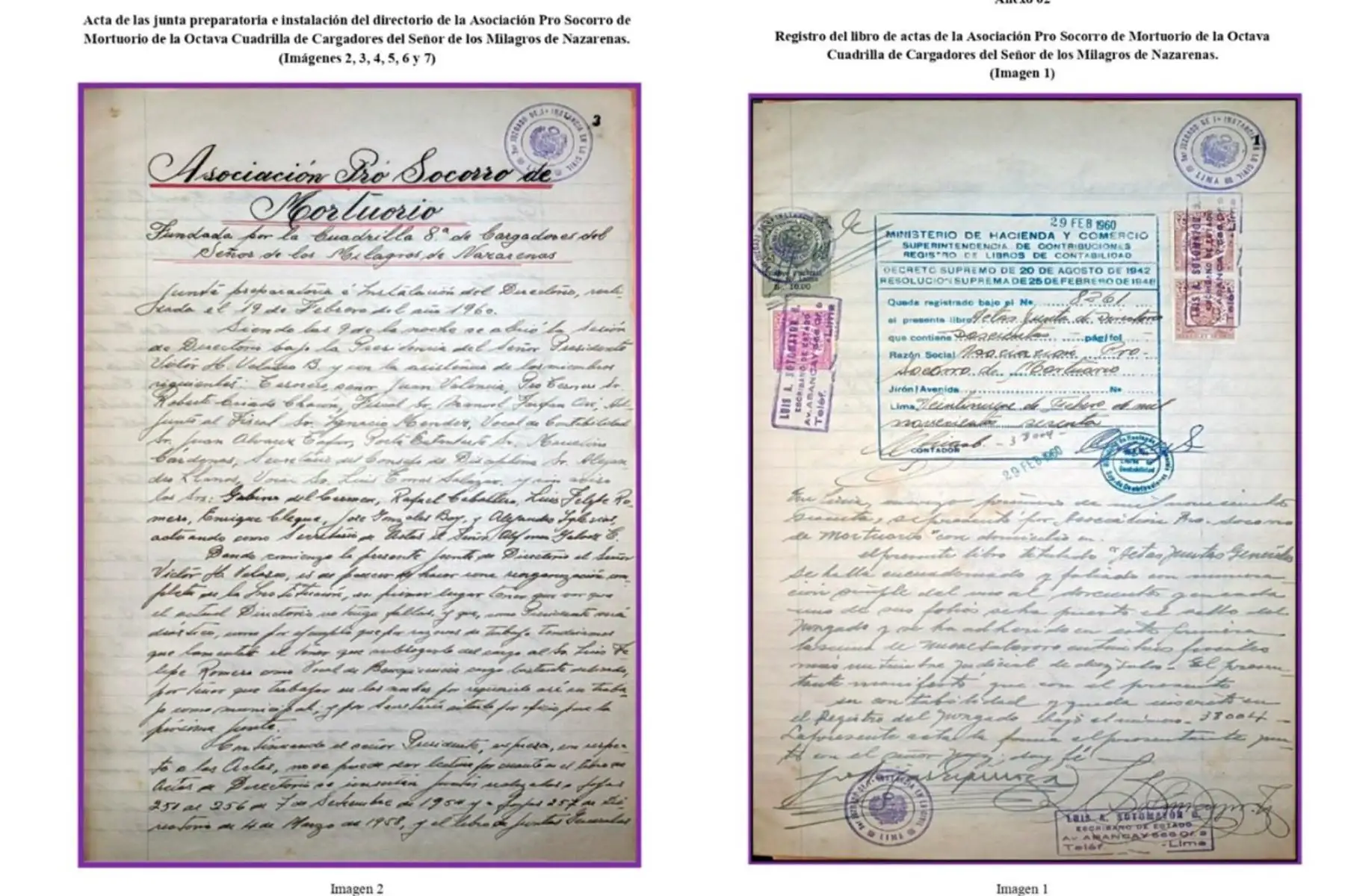 El Ministerio de Cultura declaró Patrimonio Cultural a documentos de la Octava Cuadrilla de Cargadores del Señor de los Milagros de Nazarenas. Se trata de los “Libros de Actas de la Asociación Pro Socorro de Mortuorio” de dicha cuadrilla, que datan de 1935 - 1972. Foto: Difusión