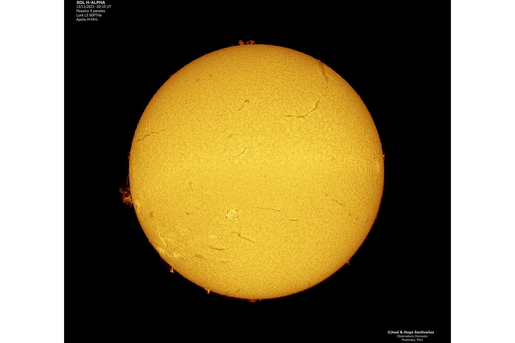 Fotografía del sol tomada en filtro H-Alpha desde el Observatorio Discovery en Huancayo, Perú, el 13 de noviembre del 2023. Foto: José Santivañez / Hugo Santivañez