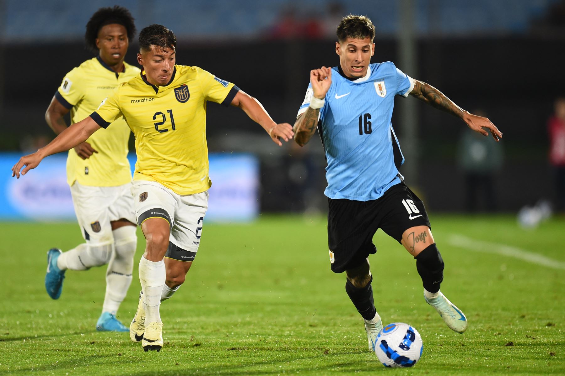 El mediocampista ecuatoriano  Alan Franco y el defensor uruguayo Mathias Olivera luchan por el balón durante el partido de fútbol de las eliminatorias sudamericanas para la Copa Mundial de la FIFA 2026 entre Uruguay y Ecuador. AFP