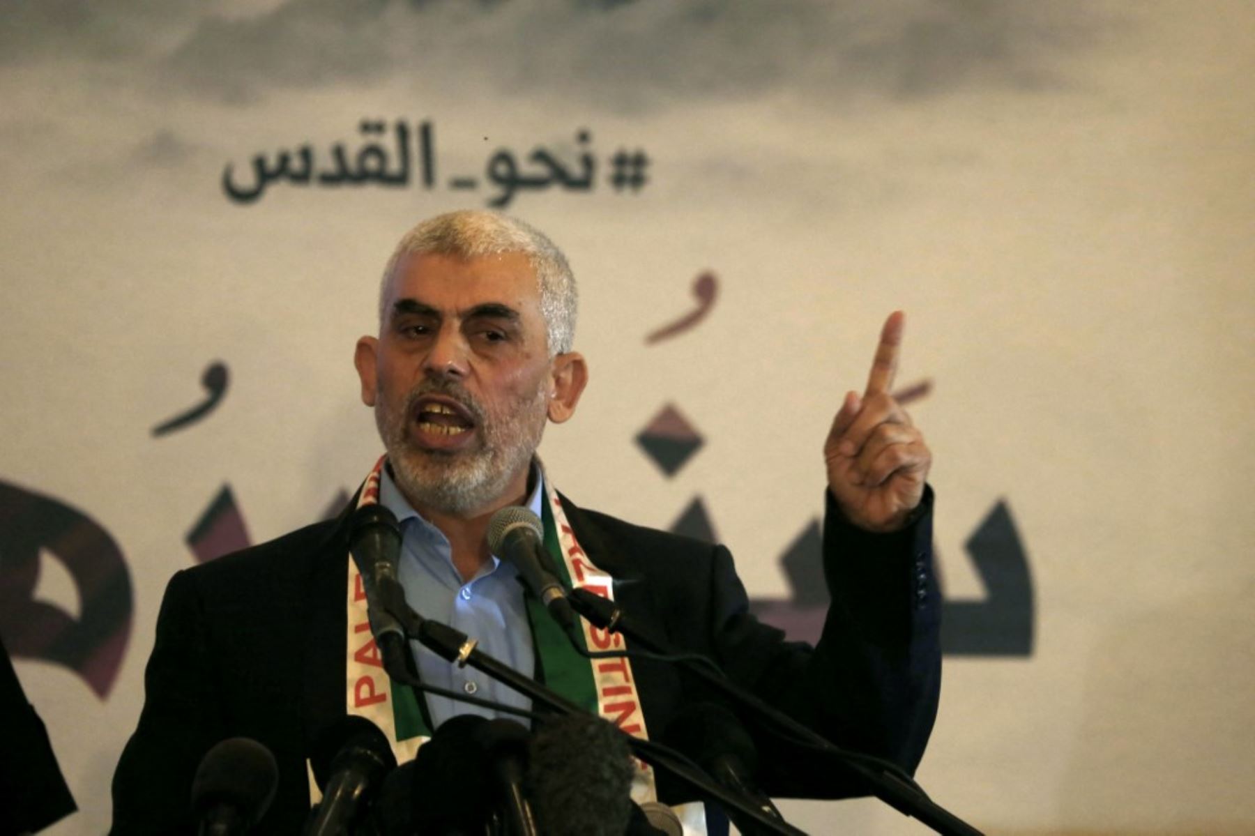 El líder de Hamas en la Franja de Gaza, Yahya Sinwar, habla durante una conferencia de prensa por el día de Quds (Jerusalén) en la ciudad de Gaza el 30 de mayo de 2019. Foto: AFP