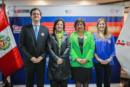 En la foto aparecen Gino Solano, representante de la Sociedad Nacional de Radio y Televisión, Suzy Sierra, gestora de proyectos TIC con impacto social en Colombia, Orfelina Arpasi, directora ejecutiva del Programa Contigo y  Carla Valla, oficial de Políticas Sociales de UNICEF. ANDINA/ Midis.