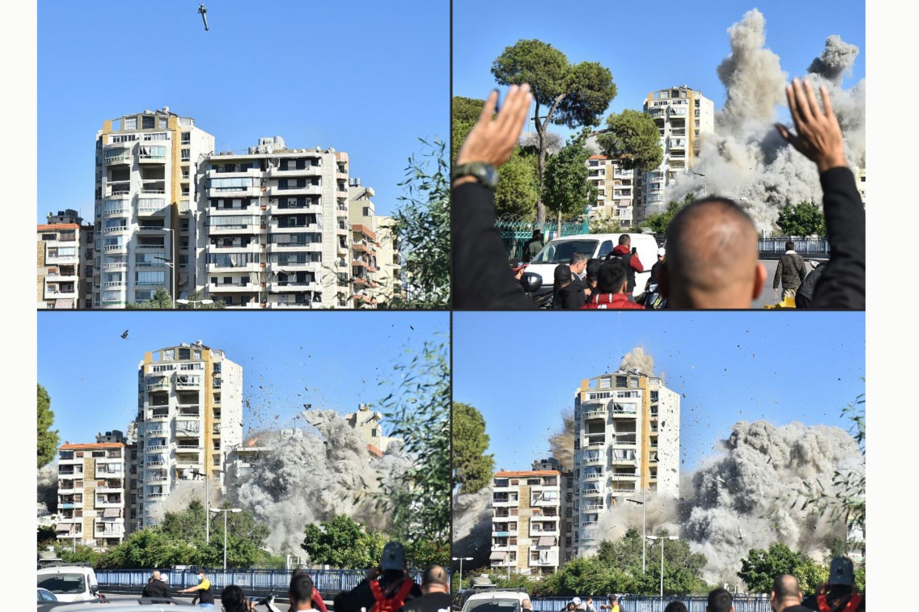 Un cohete disparado por un avión de guerra israelí contra un edificio en el suburbio de Shayah, en el sur de Beirut. Foto: AFP