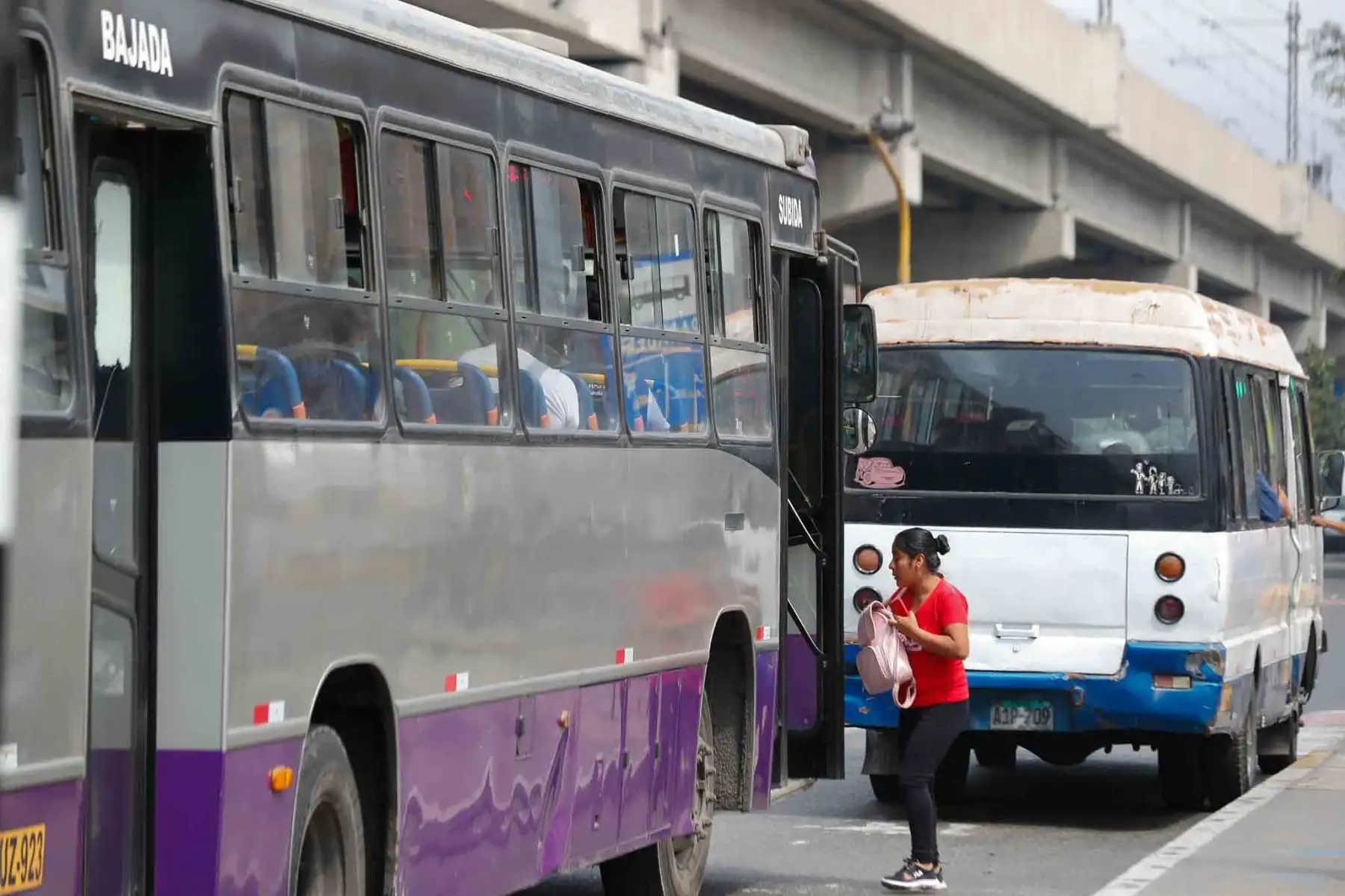 Tránsito vehicular y peatonal a la altura de la estación Los Jardines de la Línea 1 del Metro de Lima en San Juan de Lurigancho, durante el paro del transporte público convocado para hoy miércoles 23 de octubre de 2024. Foto: ANDINA/Daniel Bracamonte