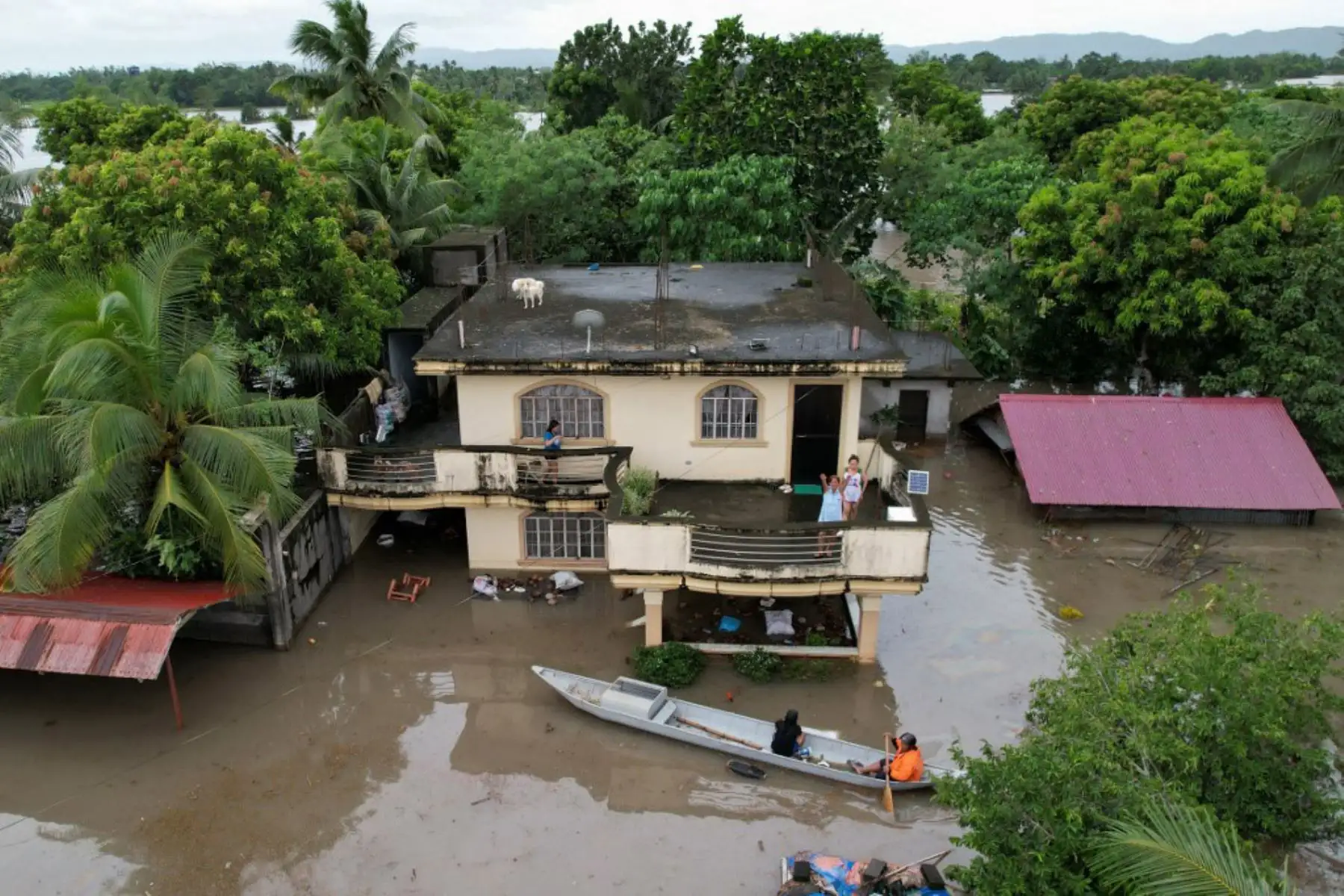 Una vista aérea muestra a un residente a bordo de un bote de madera maniobrando entre casas inundadas a causa de las fuertes lluvias provocadas por la tormenta tropical Trami en la ciudad de Bato, provincia de Camarines Sur, al sur de Manila. Foto AFP