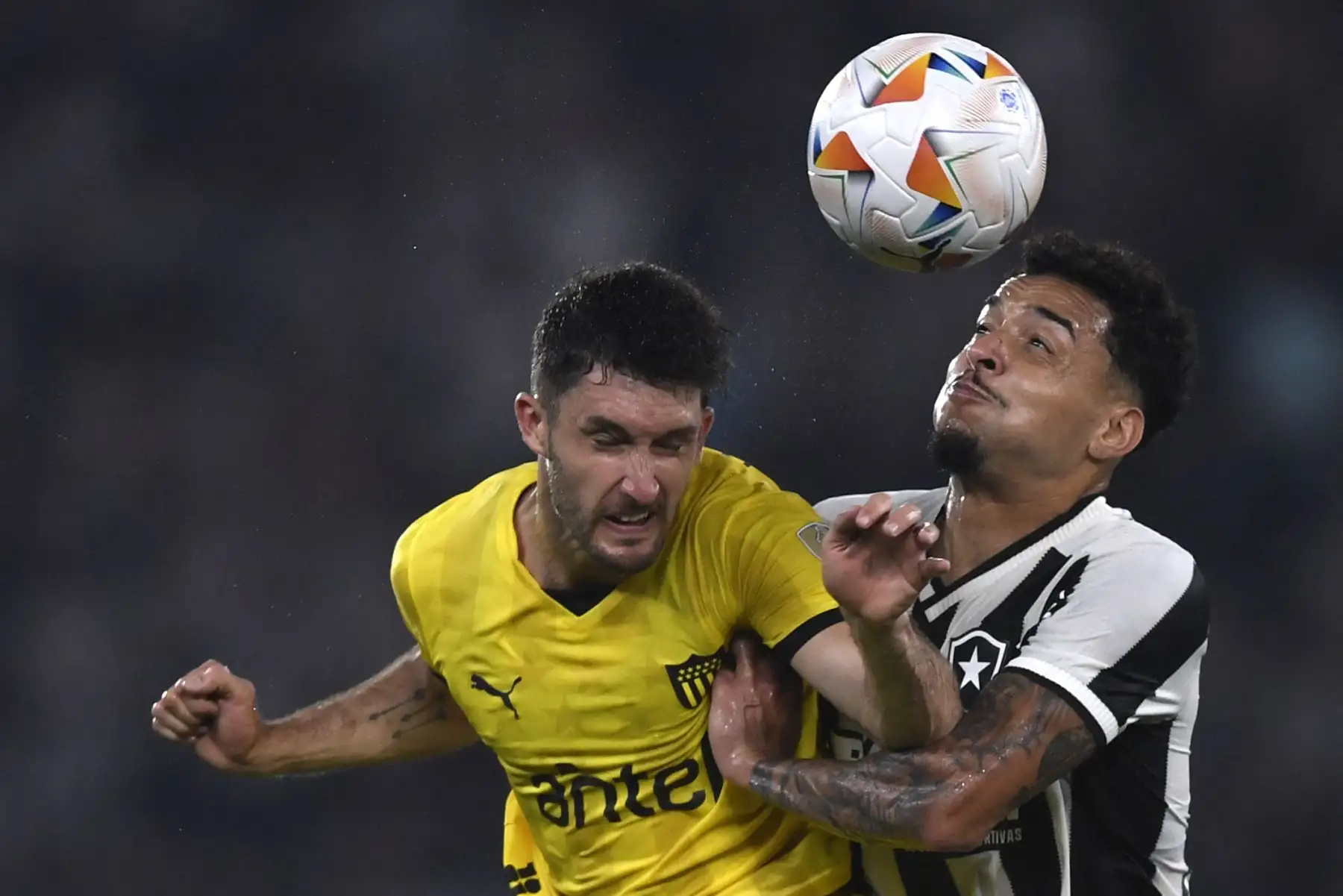 El mediocampista argentino de Peñarol Rodrigo Pérez y el mediocampista de Botafogo Gregore luchan por el balón durante el partido de ida de las semifinales de la Copa Libertadores entre Botafogo de Brasil y Peñarol de Uruguay en el estadio Olímpico Nilton Santos en Río de Janeiro, Brasil. Foto: ANDINA/AFP