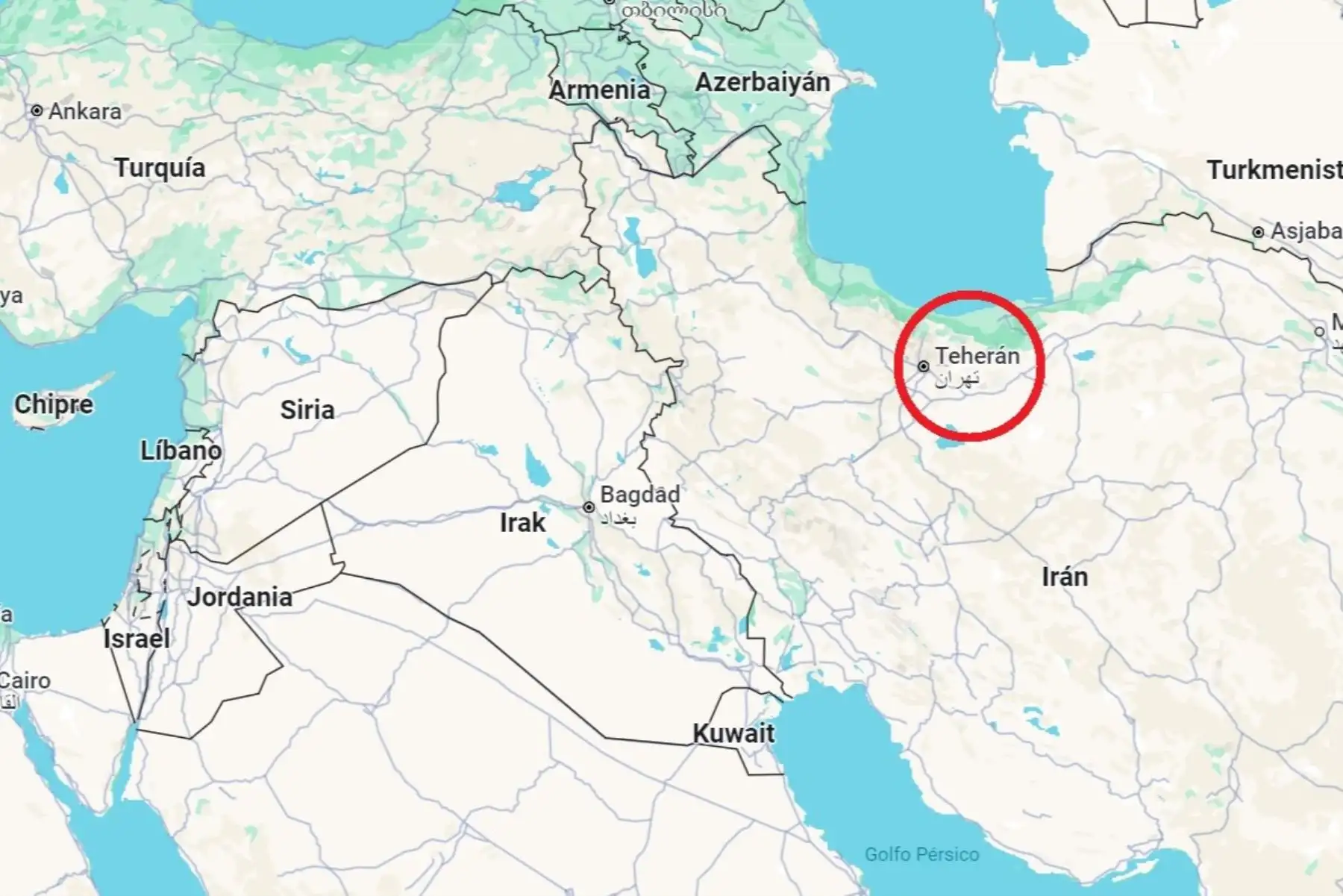 Mapa de ubicación de la ciudad de Teherán, capital de Irán, en Oriente Medio. Imagen: Google Maps