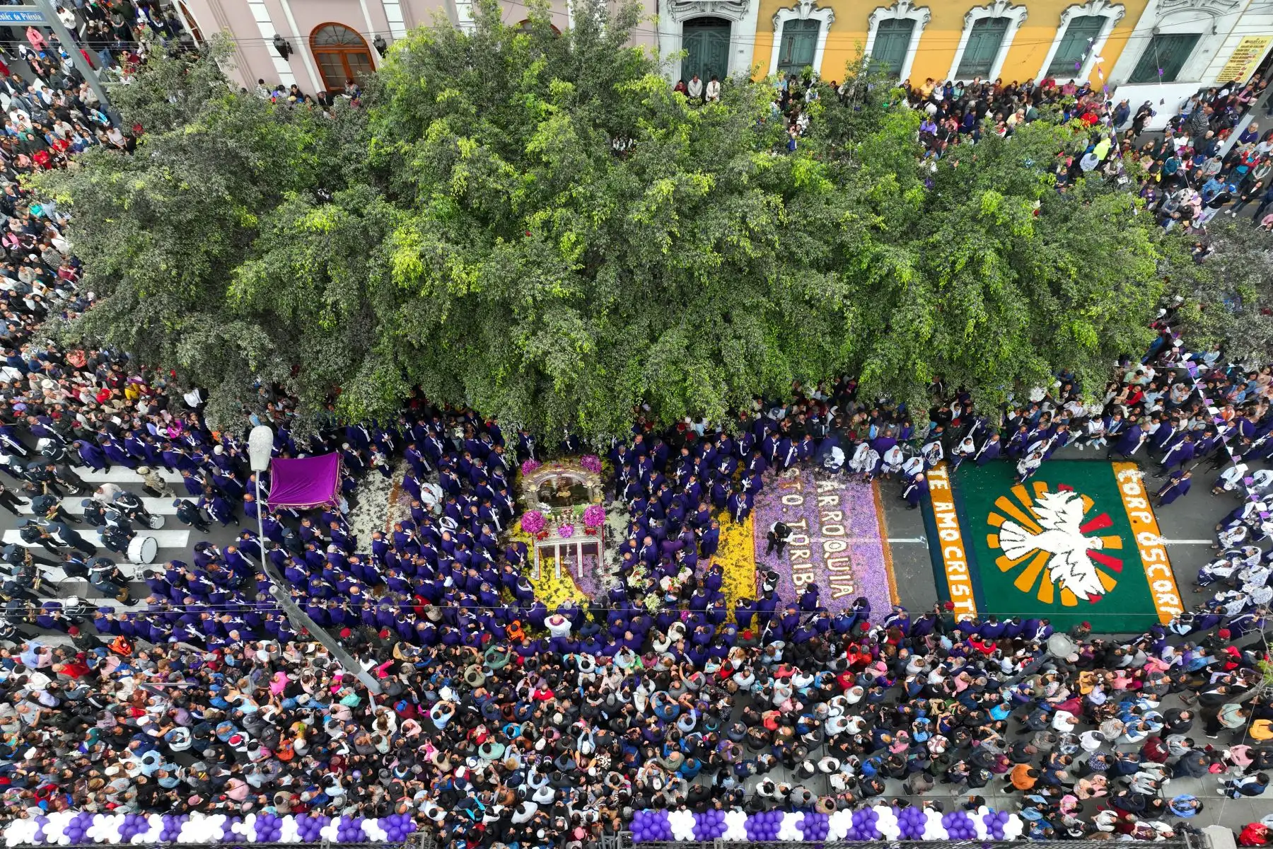 La imagen del Señor de los Milagros avanza por las avenidas Tacna y Nicolás de Piérola en su cuarto recorrido procesional del 2024, acompañada de cientos de fieles católicos, y continuará su camino hacia la avenida Alfonso Ugarte. Foto: ANDINA/Daniel Bracamonte