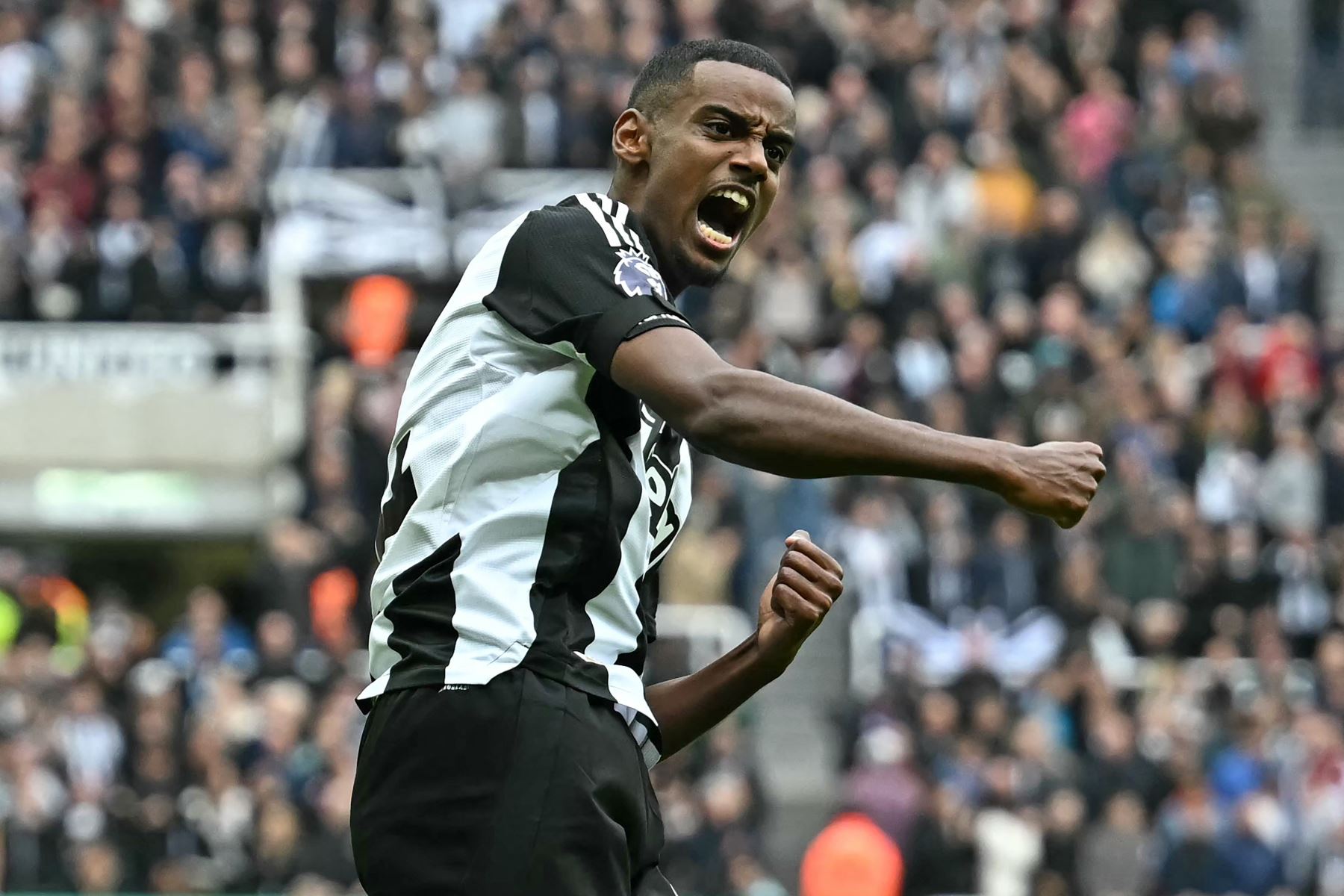 El delantero sueco  del Newcastle United, Alexander Isak, celebra tras marcar el primer gol del partido de fútbol de la Premier League inglesa entre Newcastle United y Arsenal. Foto: AFP