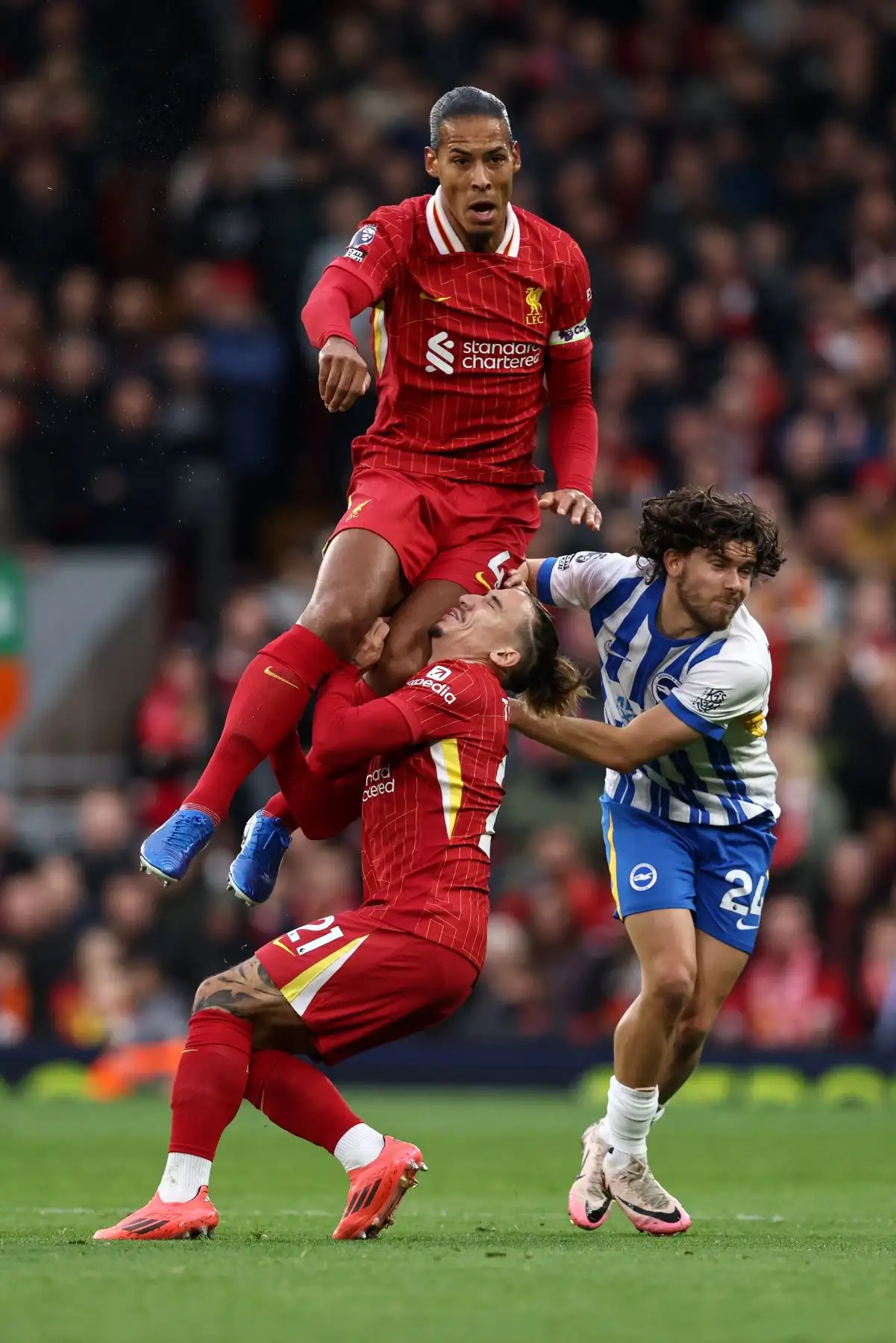 El defensor holandés del Liverpool  Virgil van Dijk  choca con el defensor griego del Liverpool  Kostas Tsimikas durante el partido de fútbol de la Premier League inglesa entre Liverpool y Brighton. Foto: AFP