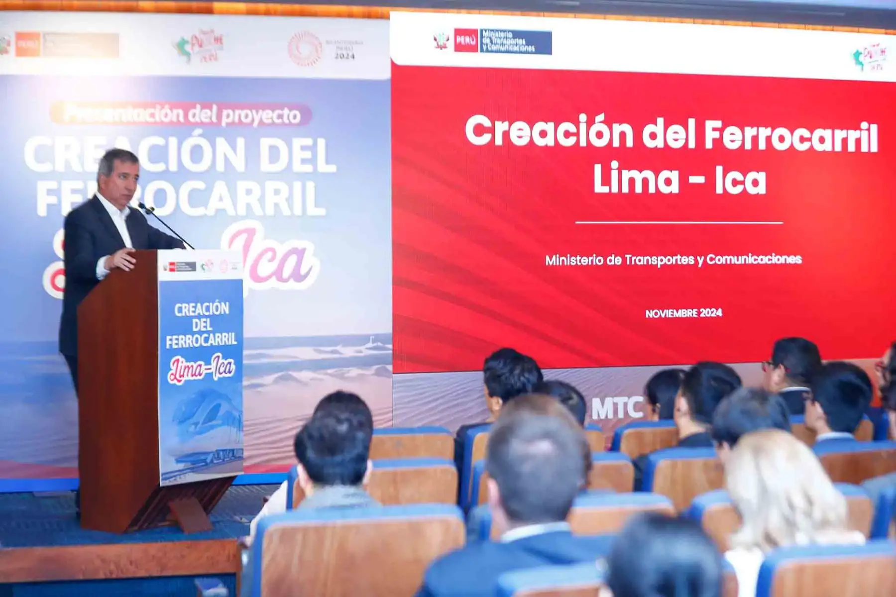 Desde la sede de la Comunidad Andina de Naciones en San Isidro, el ministro de Transportes y Comunicaciones, Raúl Pérez Reyes, presentó el proyecto "Ferrocarril Lima - Ica" ante más de 15 embajadas, obra de 15 estaciones que conectará con la Línea 1 del Metro de Lima y beneficiará a más de 12 millones de personas. Foto: ANDINA/Daniel Bracamonte